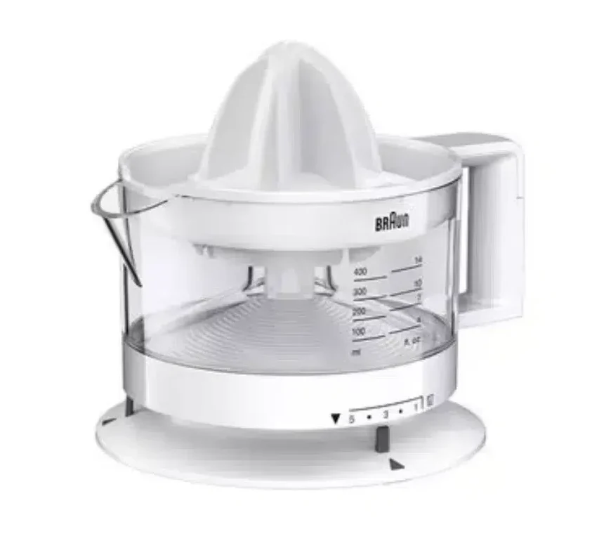 Braun electric citrus juicer CI3000 front view with 350ml container
