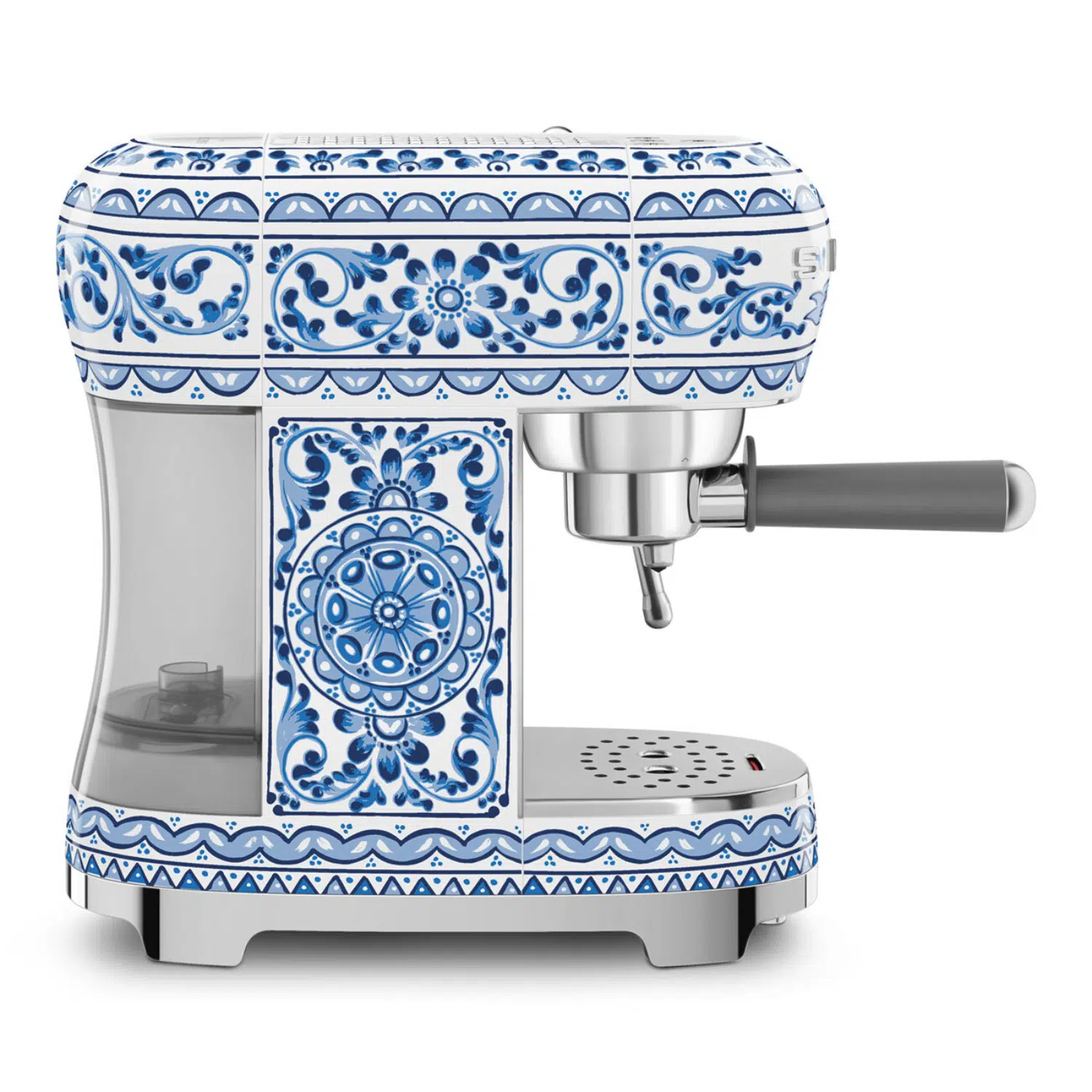 Front view of Smeg Dolce & Gabbana coffee machine ECF02DGBEU with milk frother