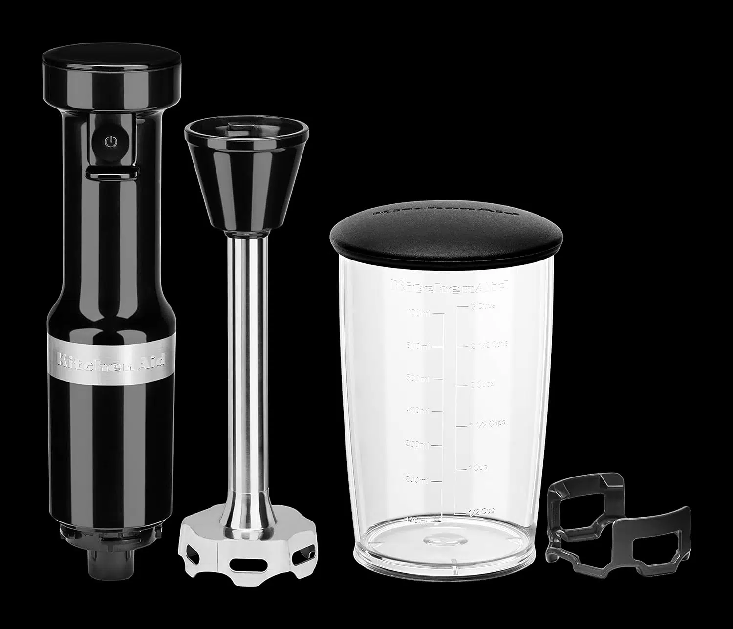 KitchenAid hand blender 5KHBV53EOB front view on kitchen countertop