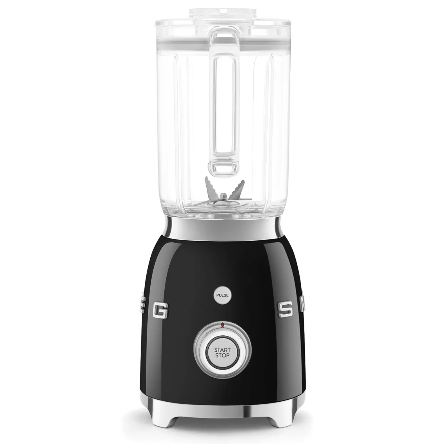Smeg BLF03BLEU blender front view with stainless steel blades