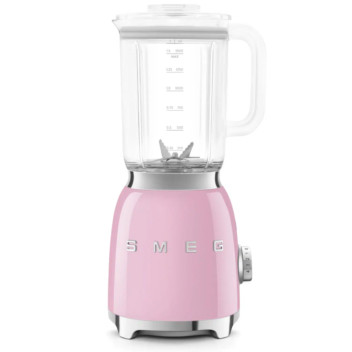 Smeg pink blender BLF03PKEU front view with 1.5 liters jar and pink finish