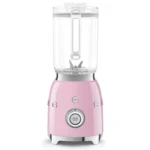Smeg BLF03PKEU front view with stainless steel blades and pink design