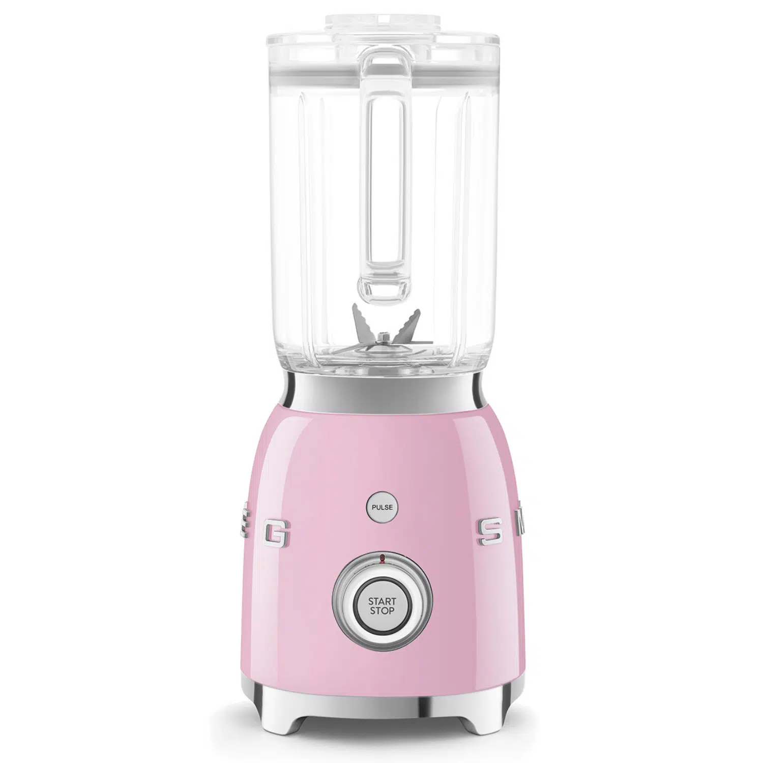 Smeg BLF03PKEU front view with stainless steel blades and pink design