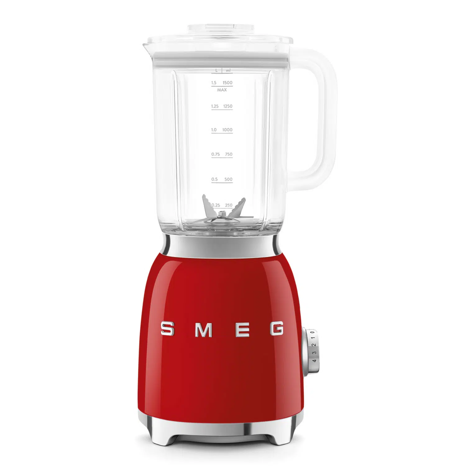 Smeg red blender BLF03RDEU front view with 1.5 liters capacity jar