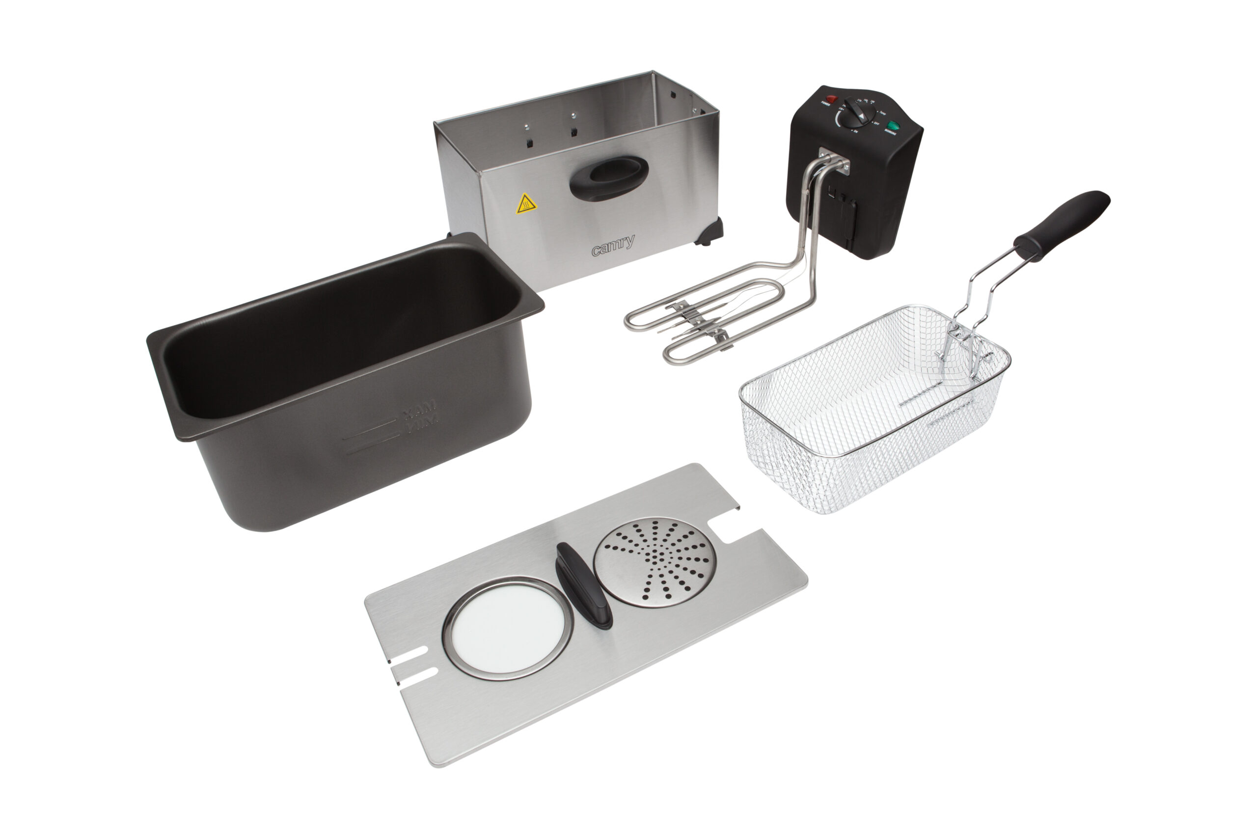 Camry deep fryer CR 4909 front view showing temperature knob and indicator lights