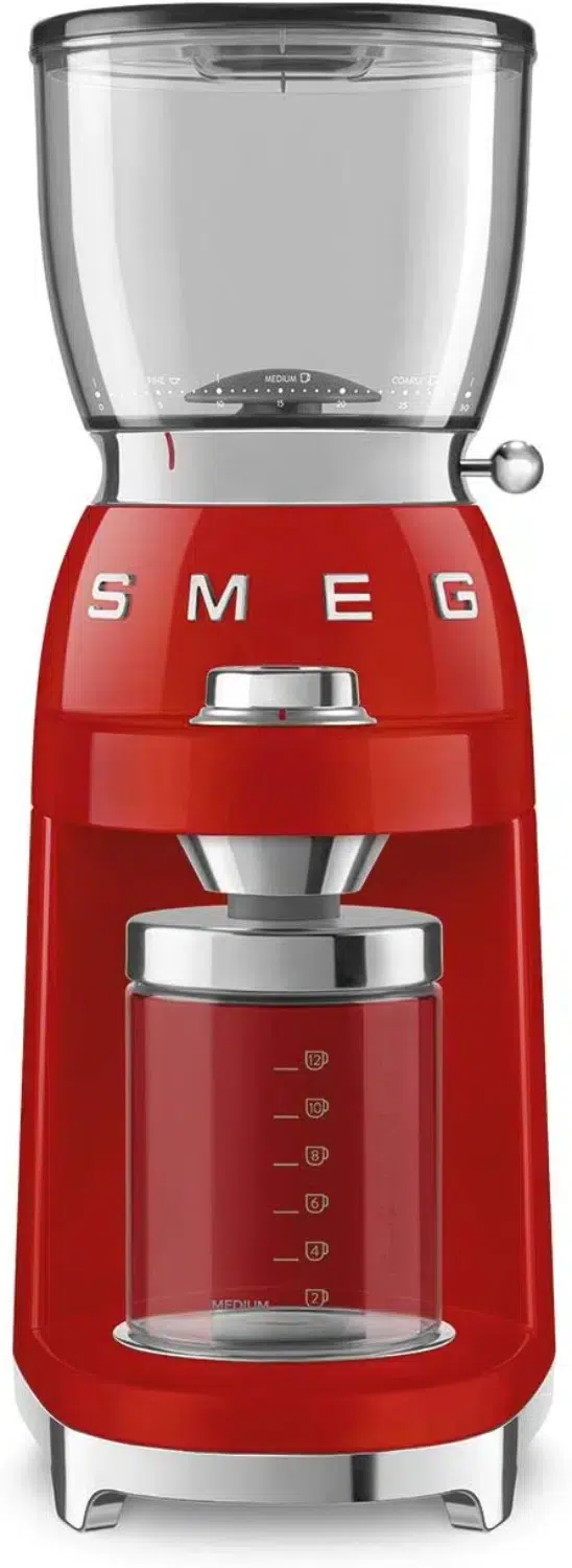 Smeg red coffee grinder CGF01RDEU front view with retro glossy finish
