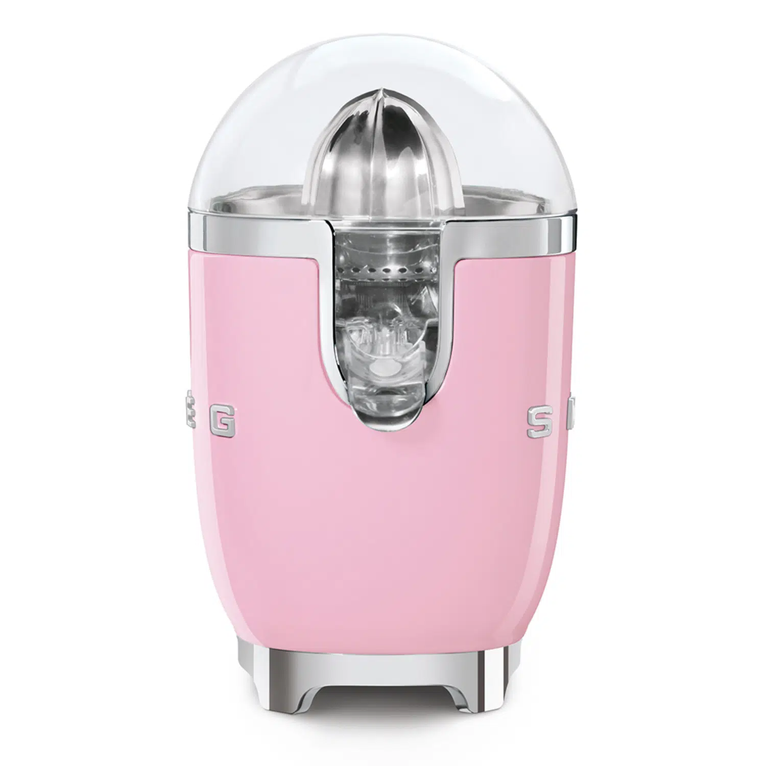Smeg pink juicer CJF11PKEU Side view showing stainless steel reamer