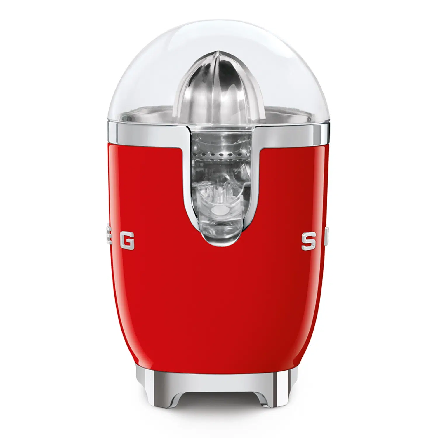 Smeg red juicer CJF11RDEU Side view with 0.6L container