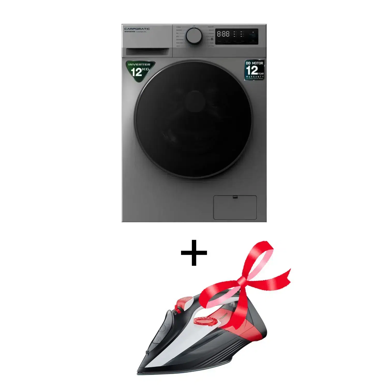 Campomatic Washer 12kg Front Load-Inverter -CAMPWM12DAX+Free Campomatic Steam Iron