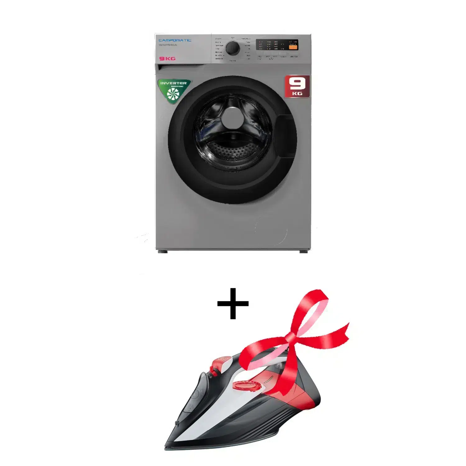 Campomatic Washer 9 Kgs Front Load-Inverter-WM94IA+Free Campomatic Steam Iron