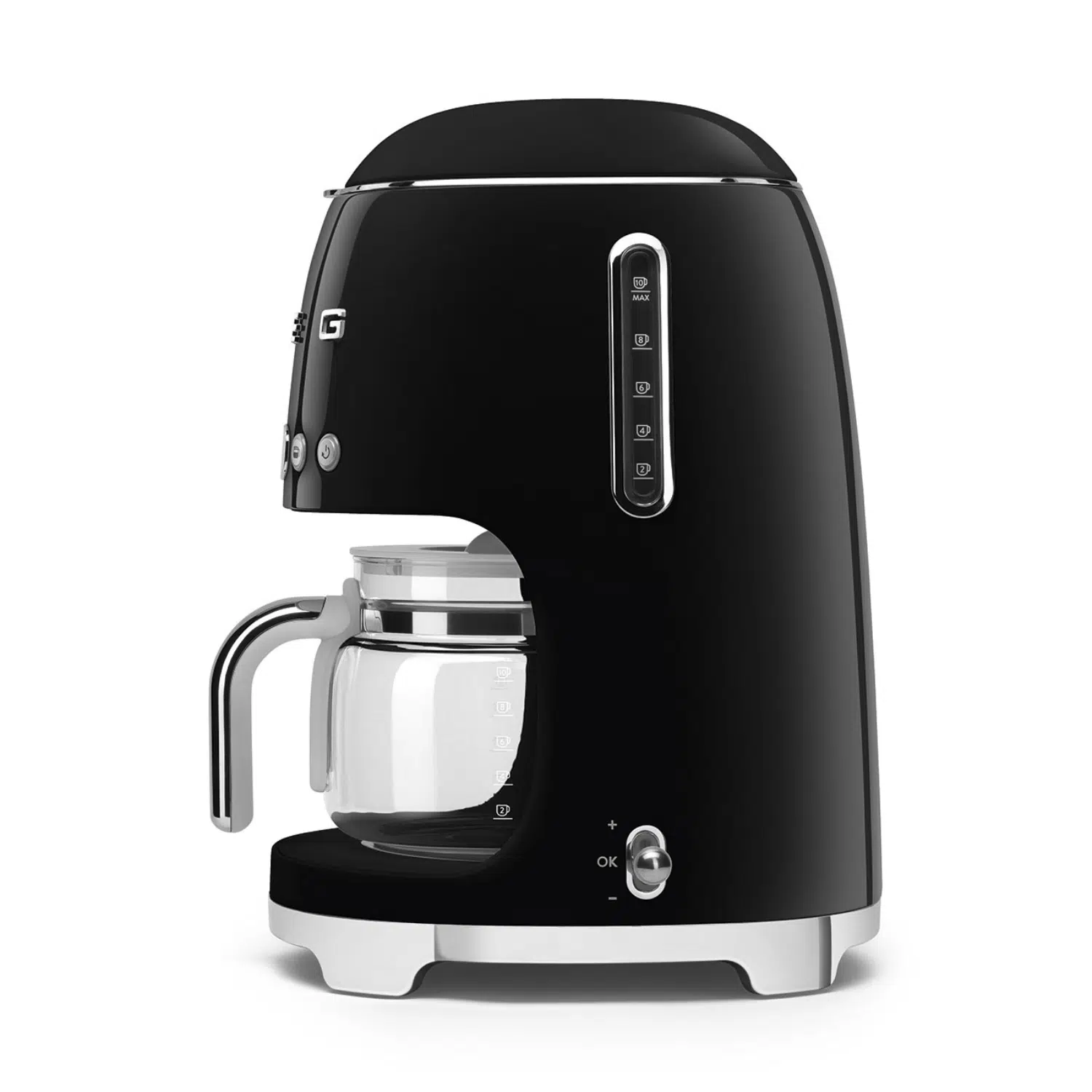 Smeg drip coffee machine black color, front view with glass carafe