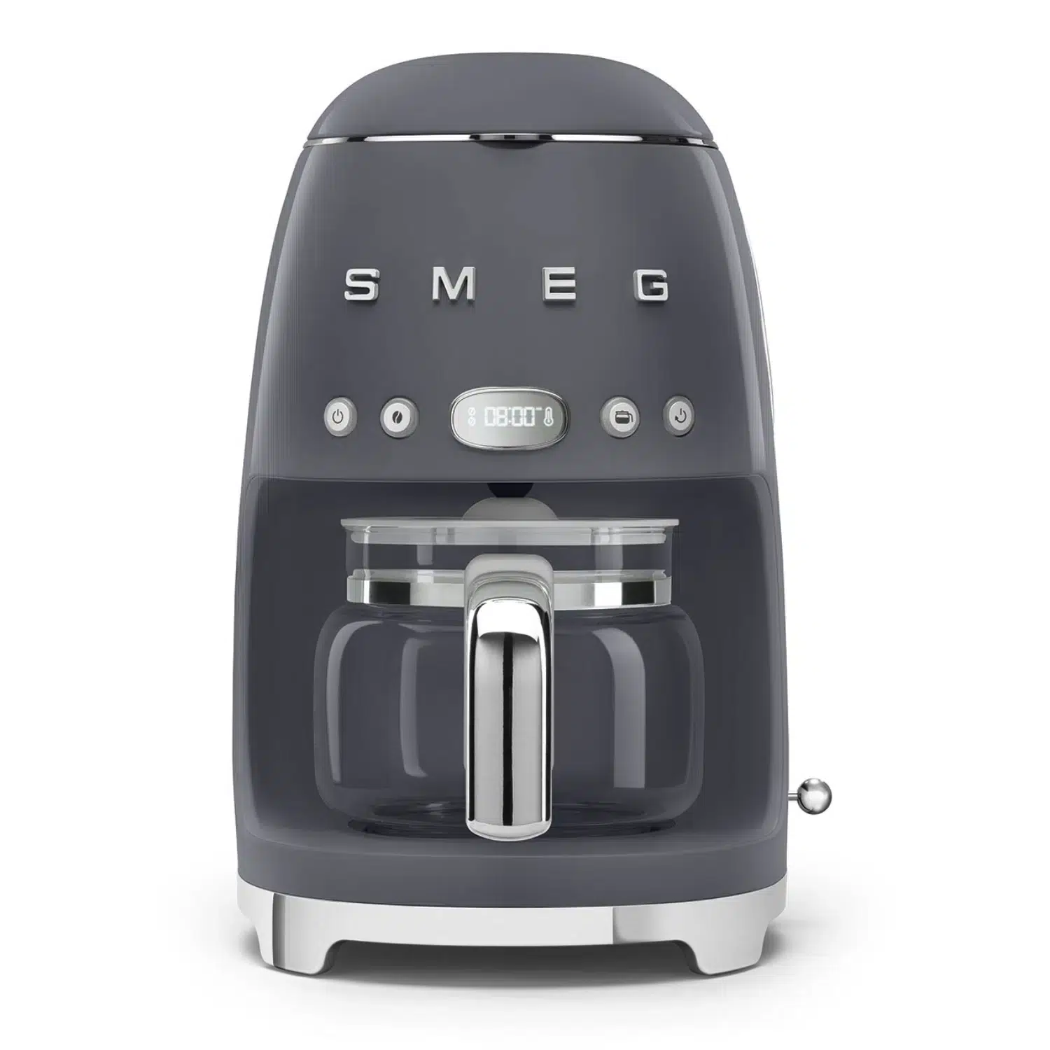Smeg grey drip coffee machine DCF02GREU front view with 10-cup carafe