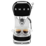 Smeg coffee machine ECF02BLEU front view with cup and controls