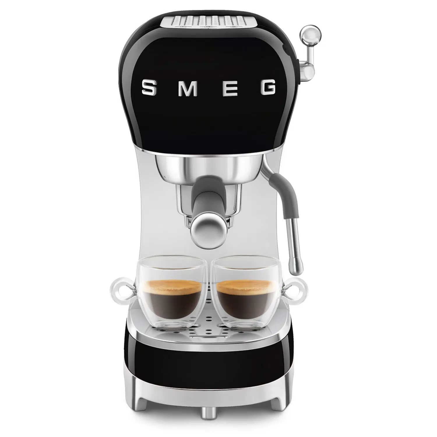 Smeg coffee machine ECF02BLEU front view with cup and controls