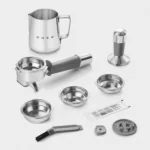 Smeg EGF03BLEU coffee machine front view with cup and milk frothing wand