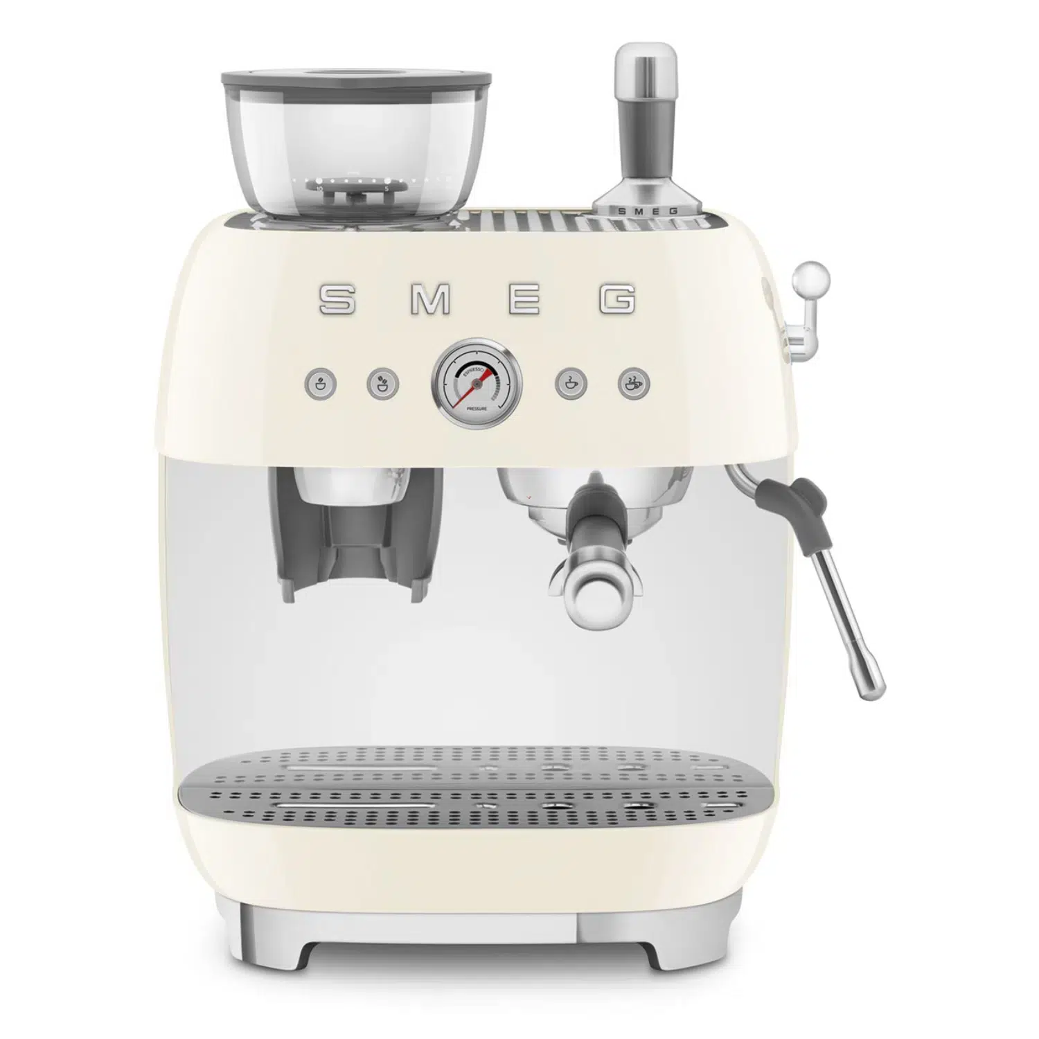 SMEG coffee machine EGF03CREU front view built-in grinder cream finish