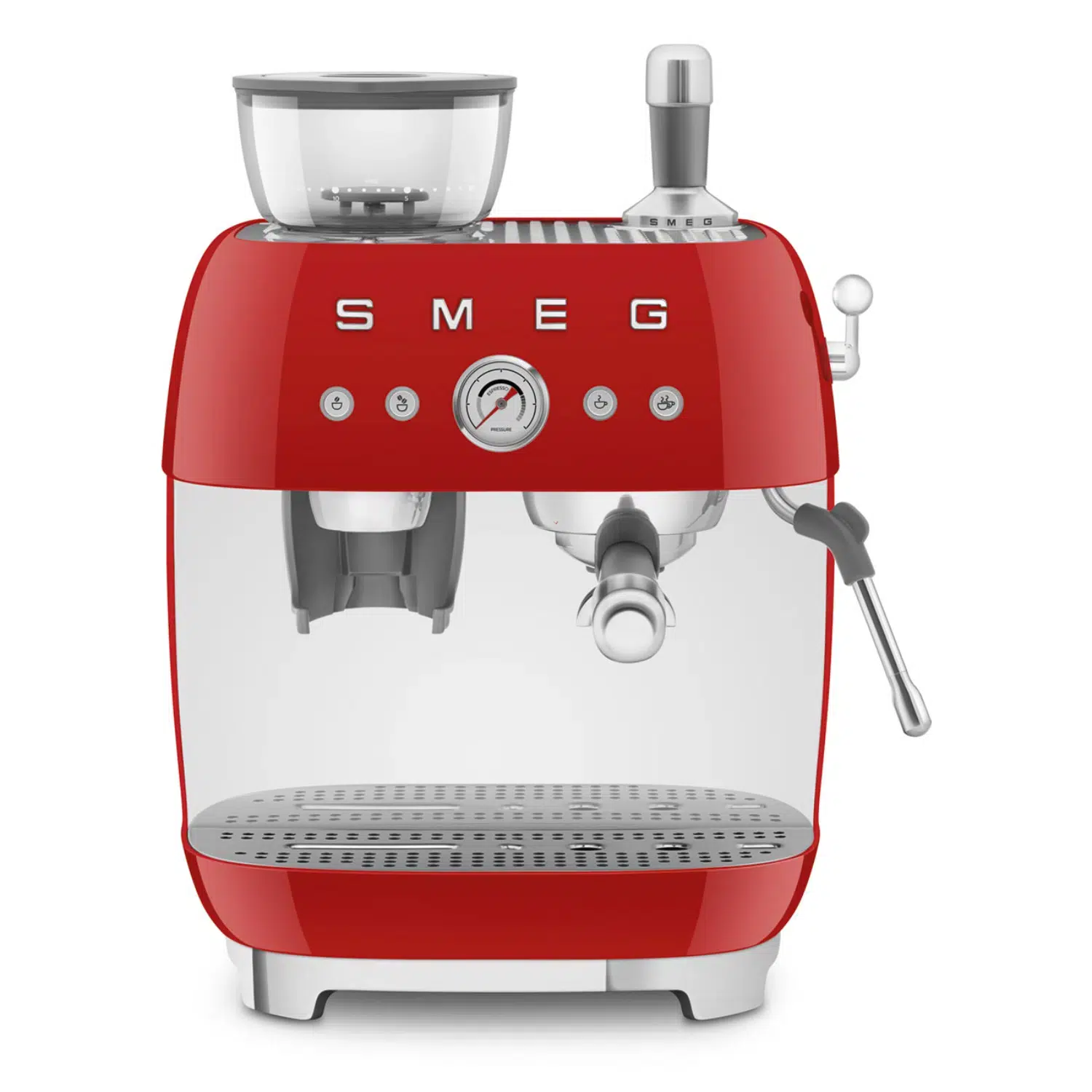 SMEG coffee machine EGF03RDEU front view with retro red finish