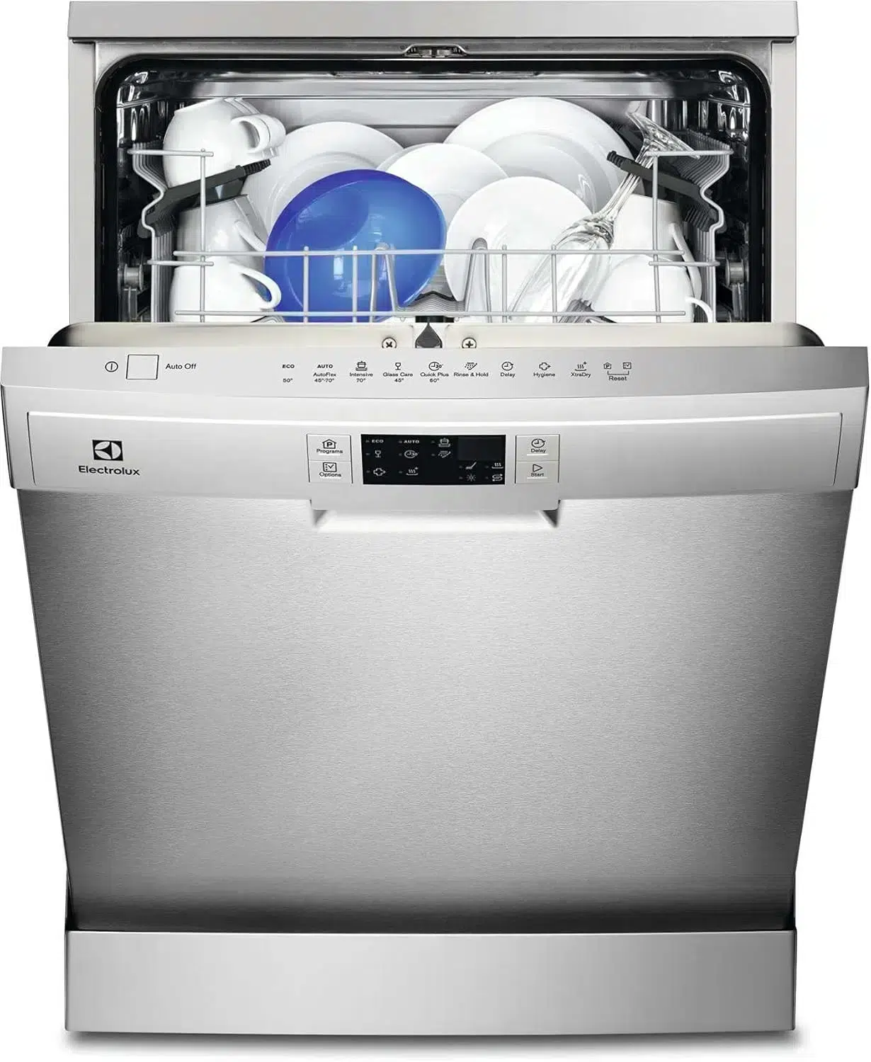 Electrolux Dishwasher ESF5513LOX open door with loaded dishes