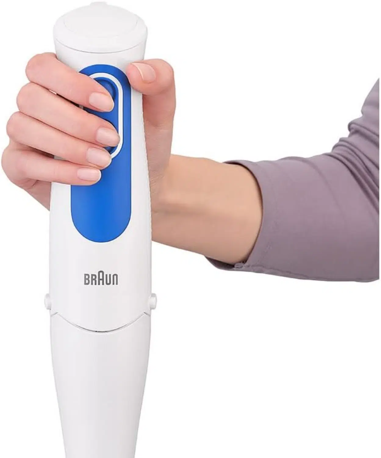 Braun MQ3000WH hand blender front view showing ergonomic handle