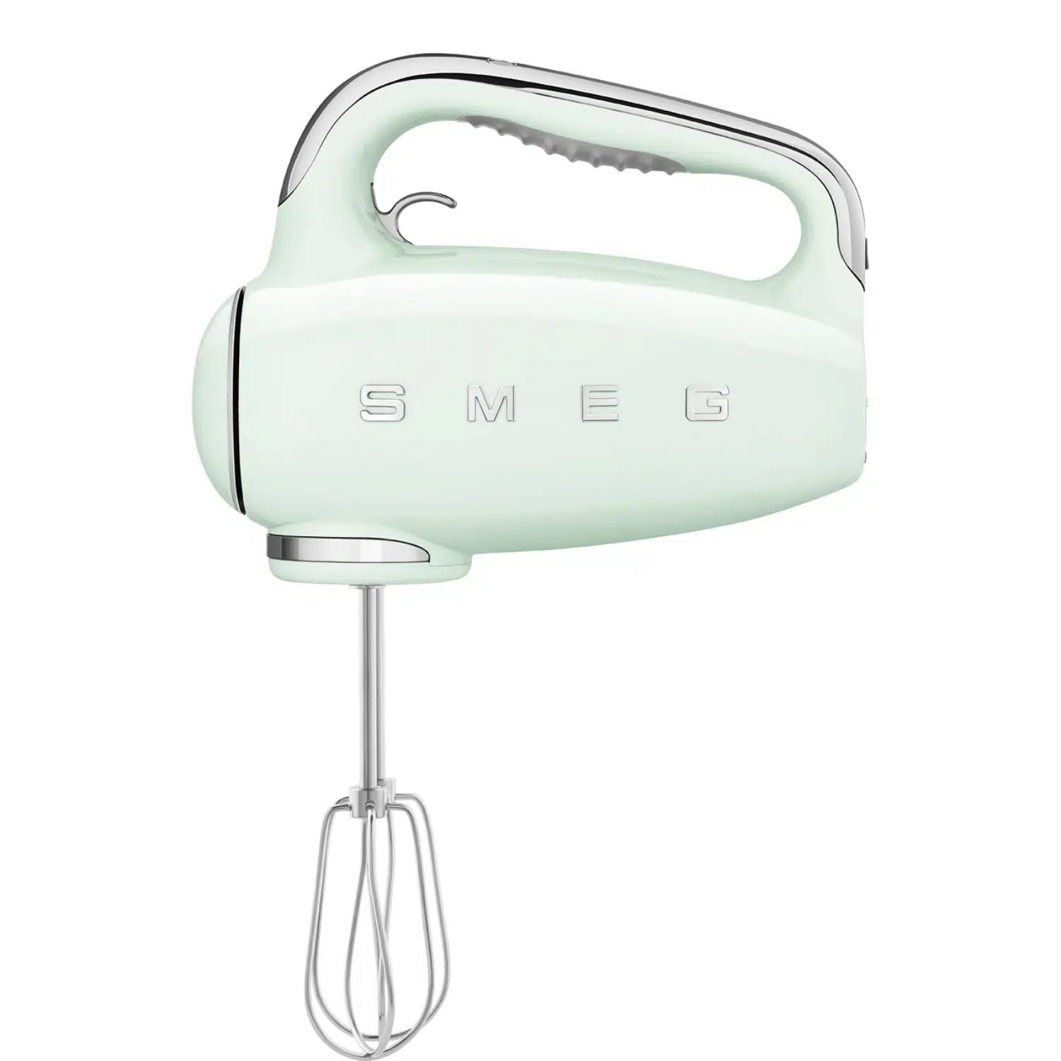 Smeg hand mixer HMF01PGEU front view with LED display and pastel green body