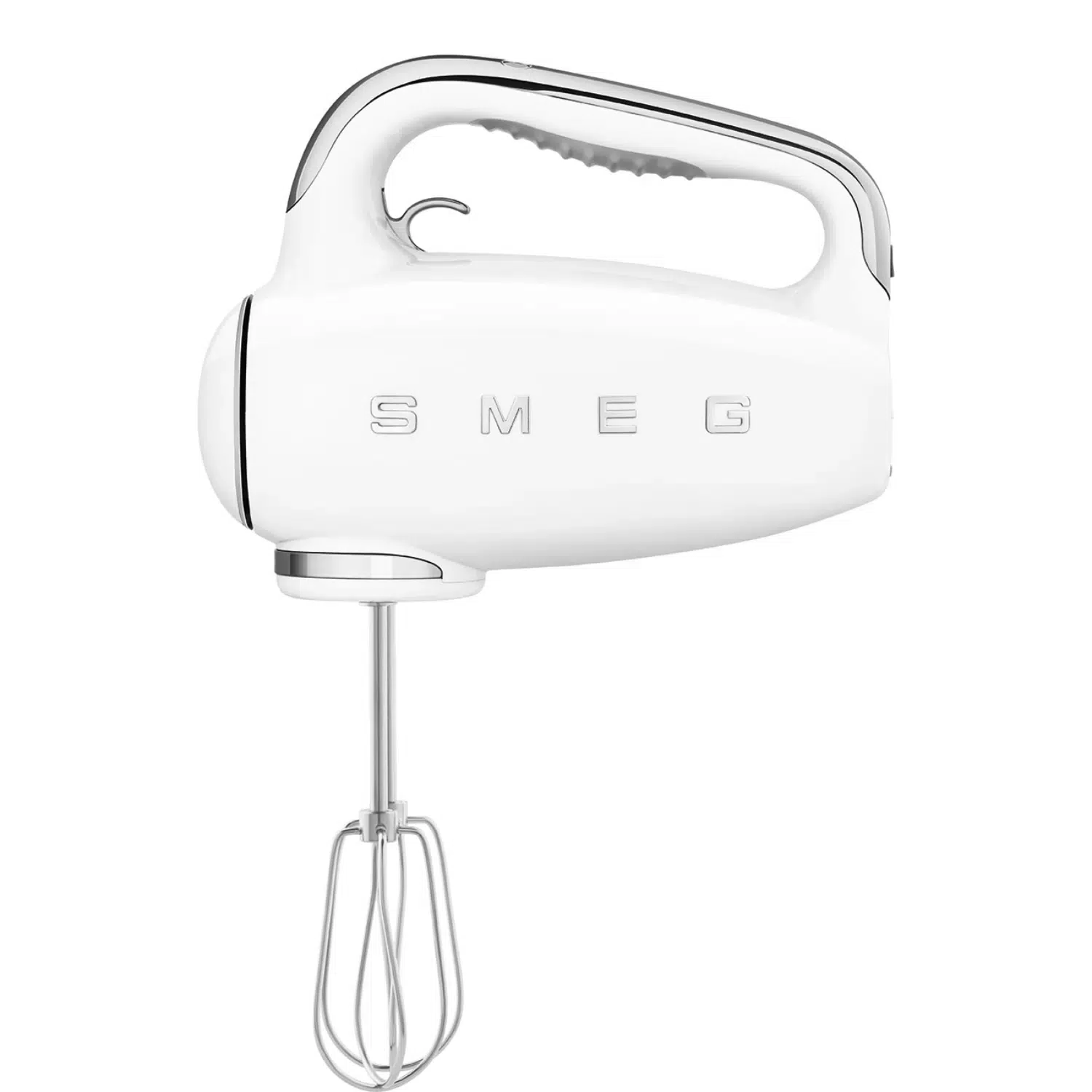 Smeg hand mixer HMF01WHEU front view with beaters and retro white finish