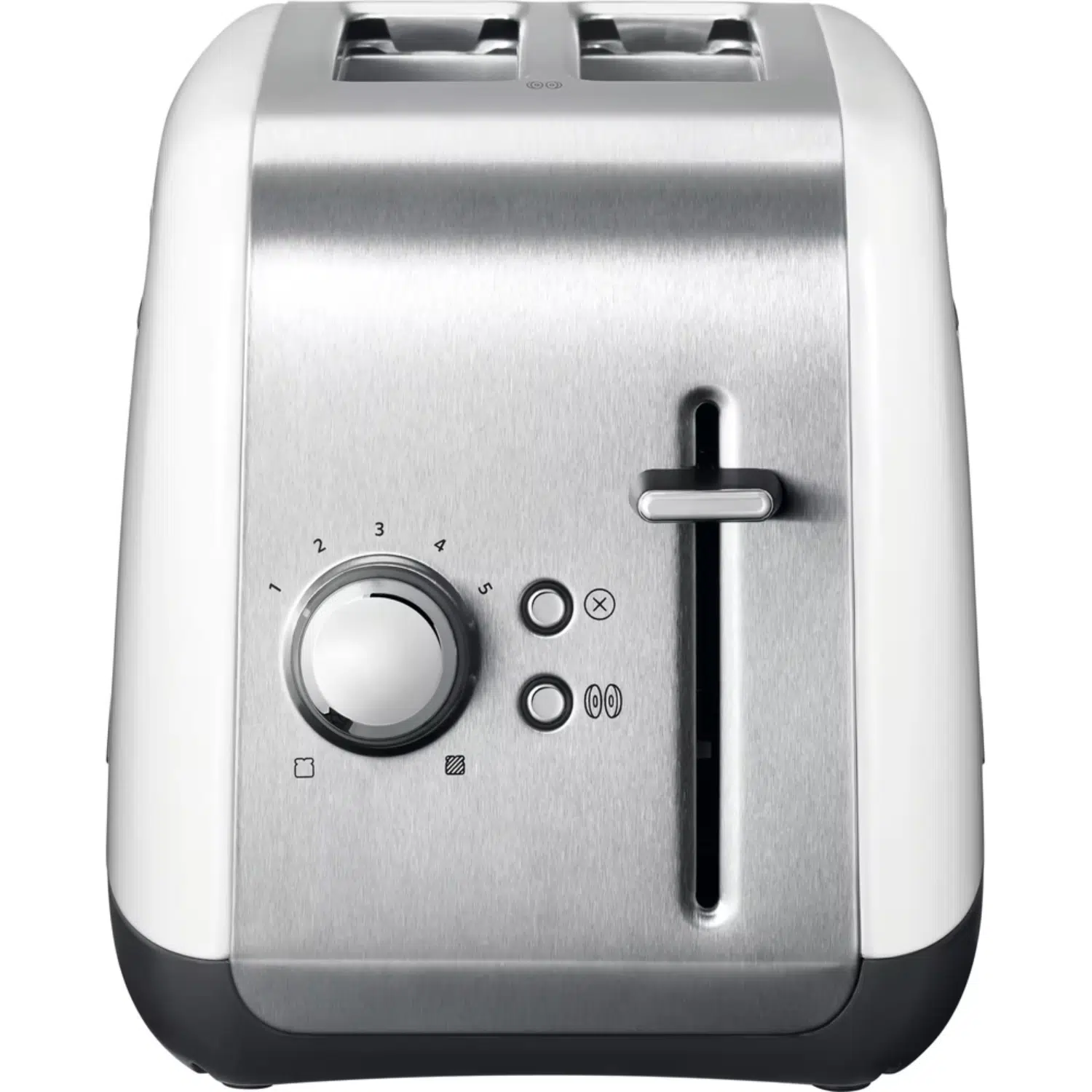 KitchenAid 5KMT2115EWH front view showing crumb tray and controls