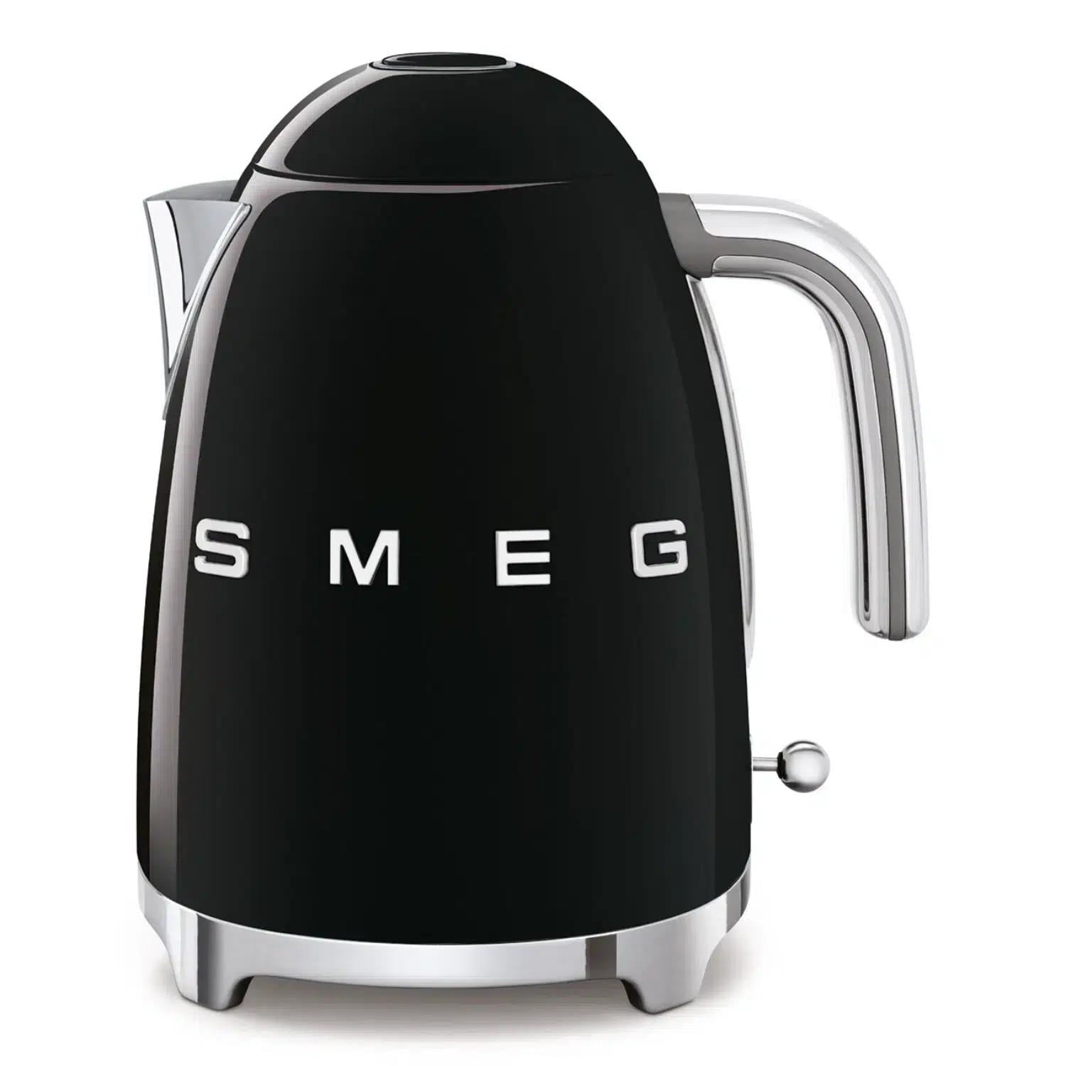 Smeg glossy black kettle KLF03BLEU front view showing 1.7-liter capacity