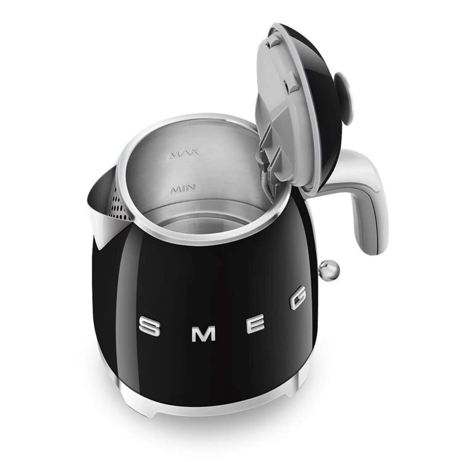 Smeg mini kettle KLF05BLEU top view with chrome handle and black finish