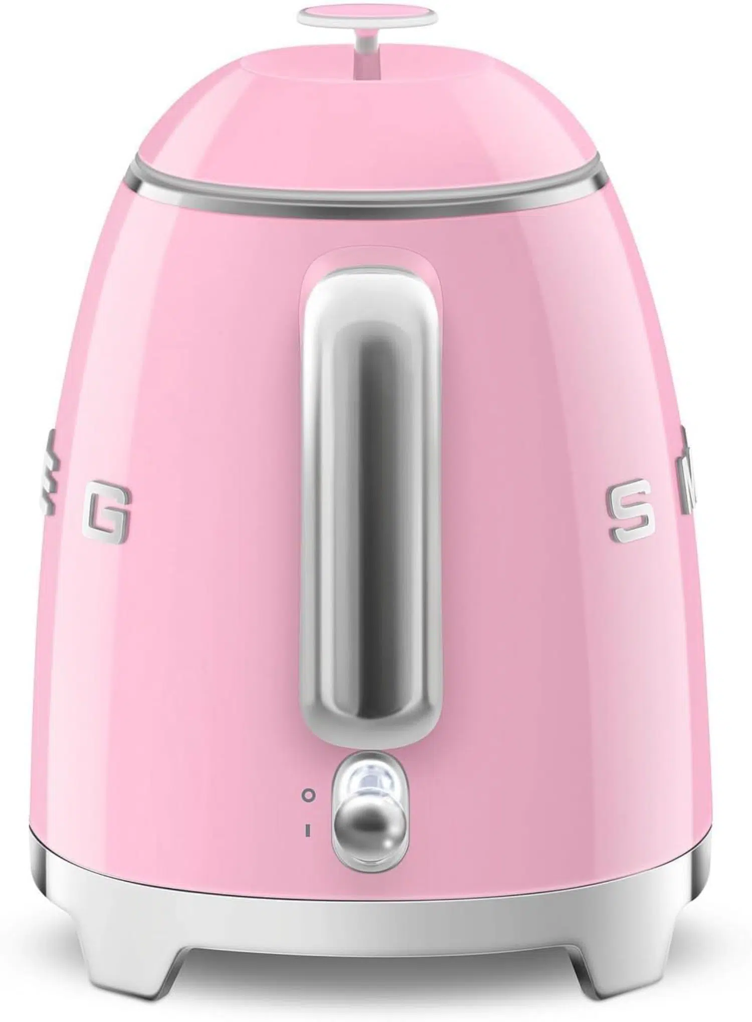 Pink Smeg KLF05PKEU mini kettle front view with handle and spout