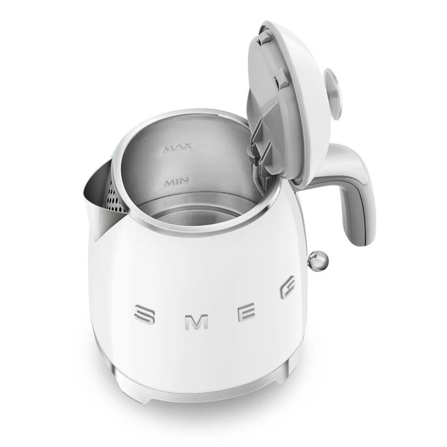 Smeg white mini kettle KLF05WHEU top view with stainless steel interior