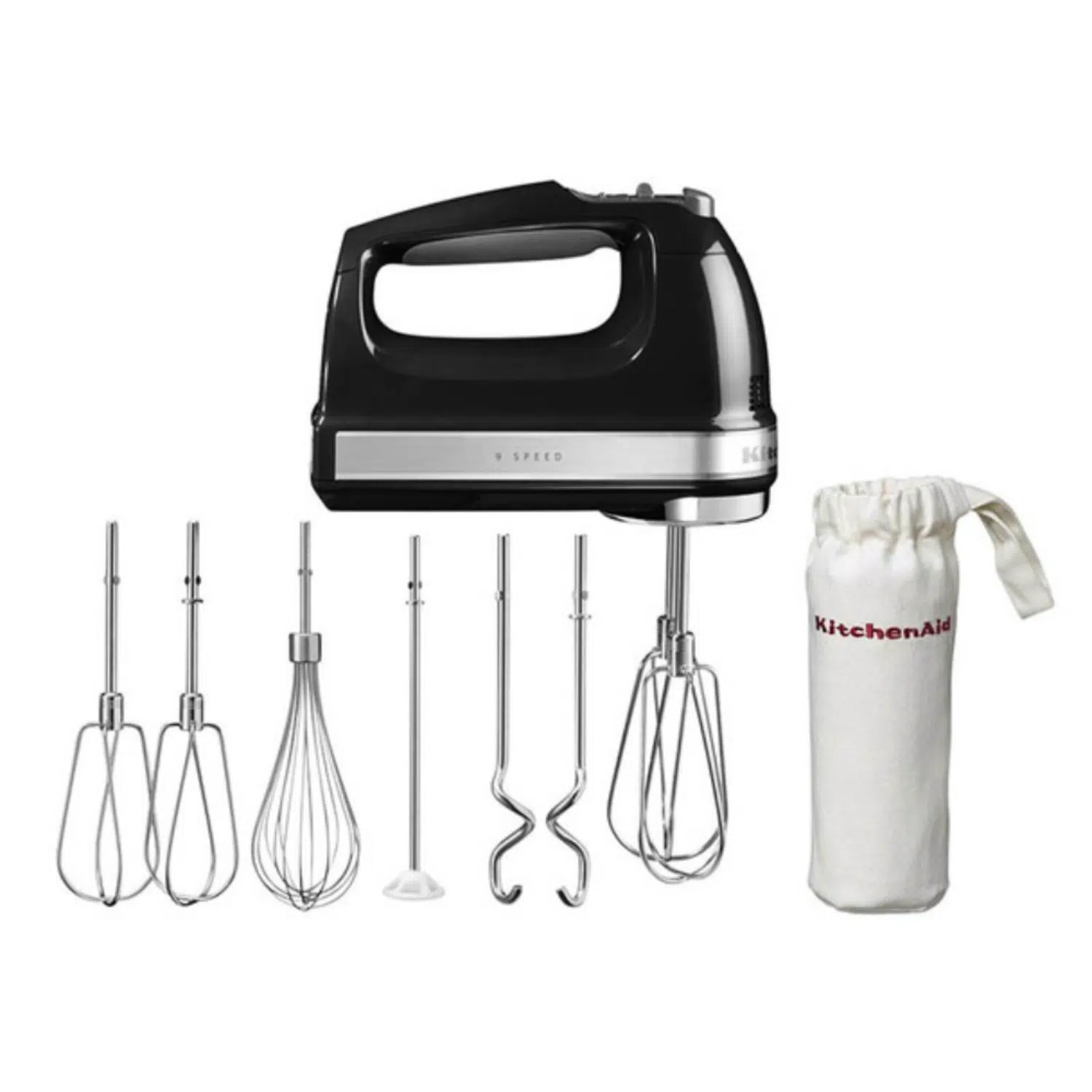 KitchenAid hand mixer 5KHM9212EOB front view with attachments