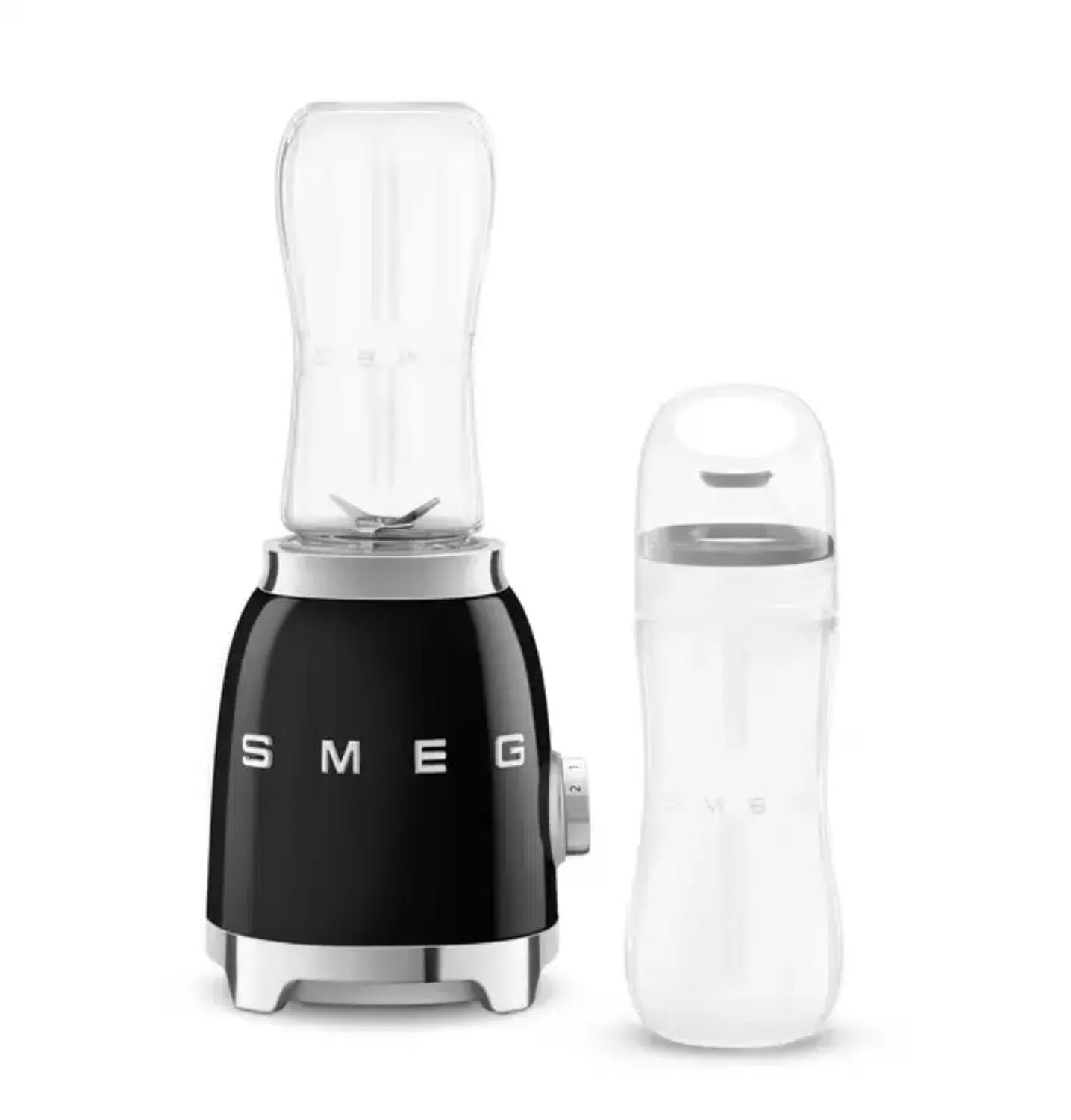 Smeg personal blender PBF01BLEU front view with 300W power and bottles