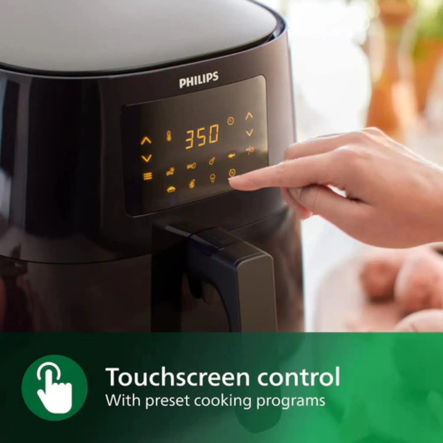Philips air fryer HD9270 front view with temperature settings and controls visible