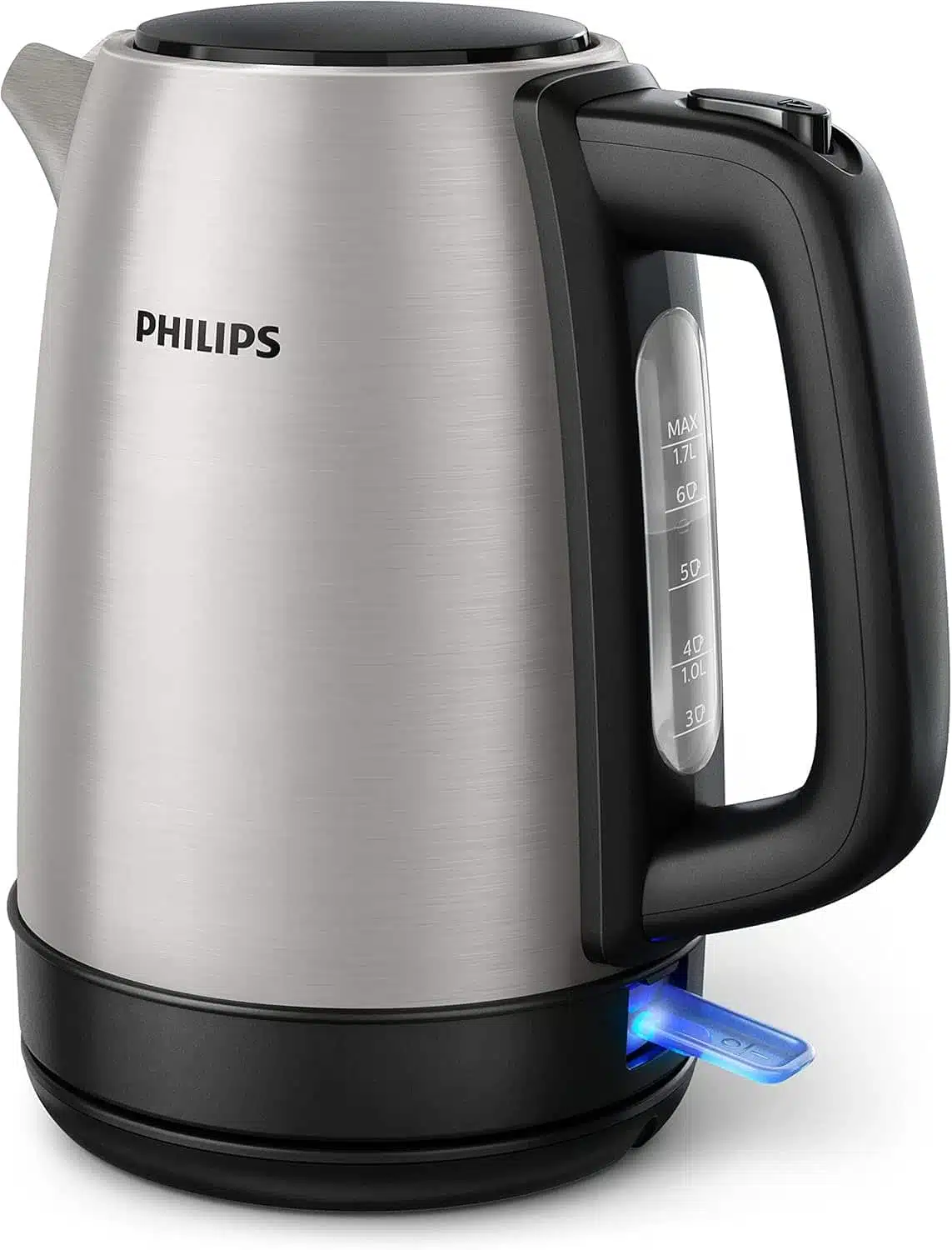 Philips metal kettle HD9350 front view with stainless steel body