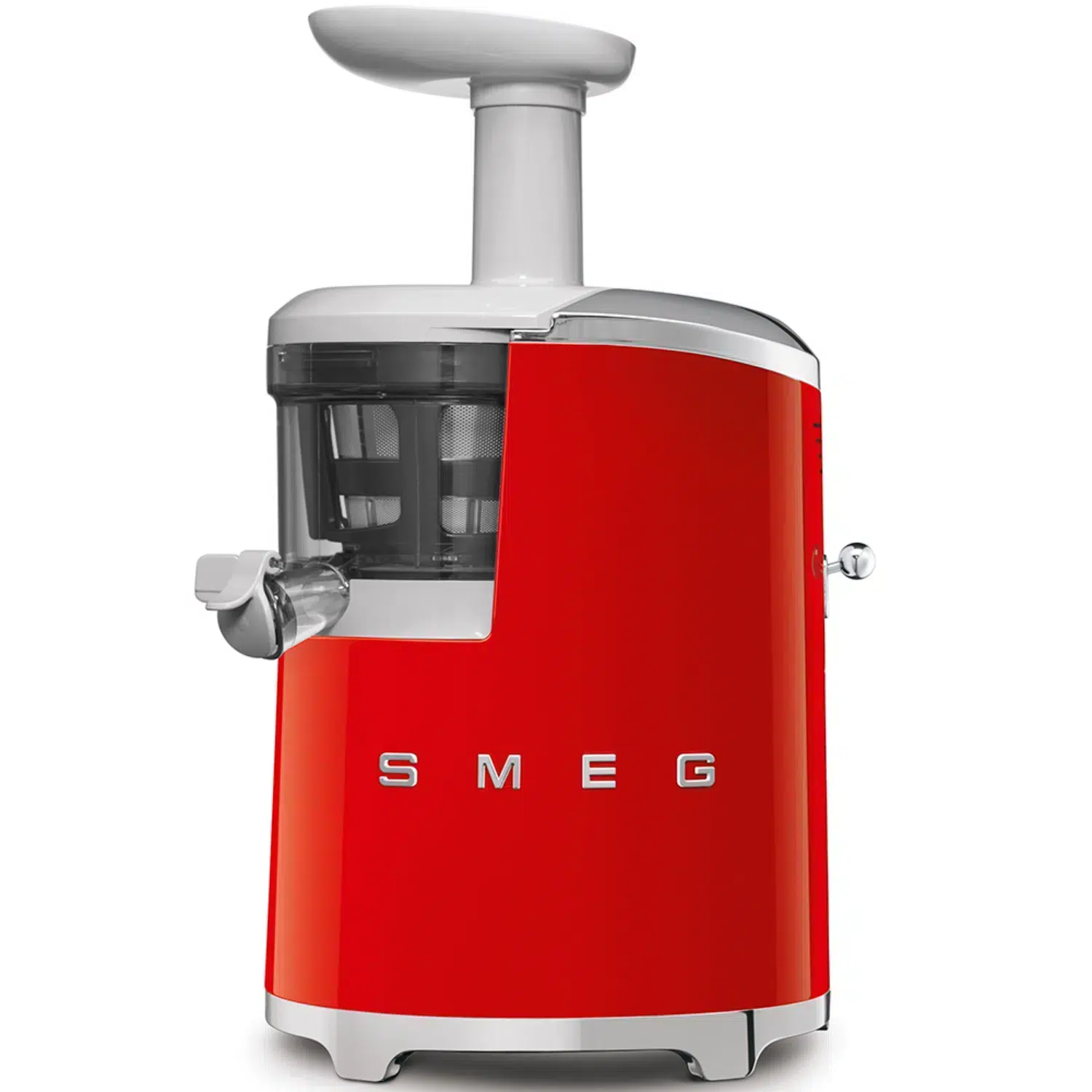 Smeg red slow juicer SJF01RDEU front view with retro design and control knob