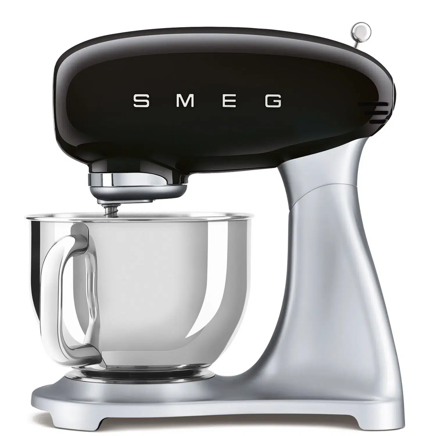 Smeg stand mixer SMF02BLEU front view in black with stainless steel bowl