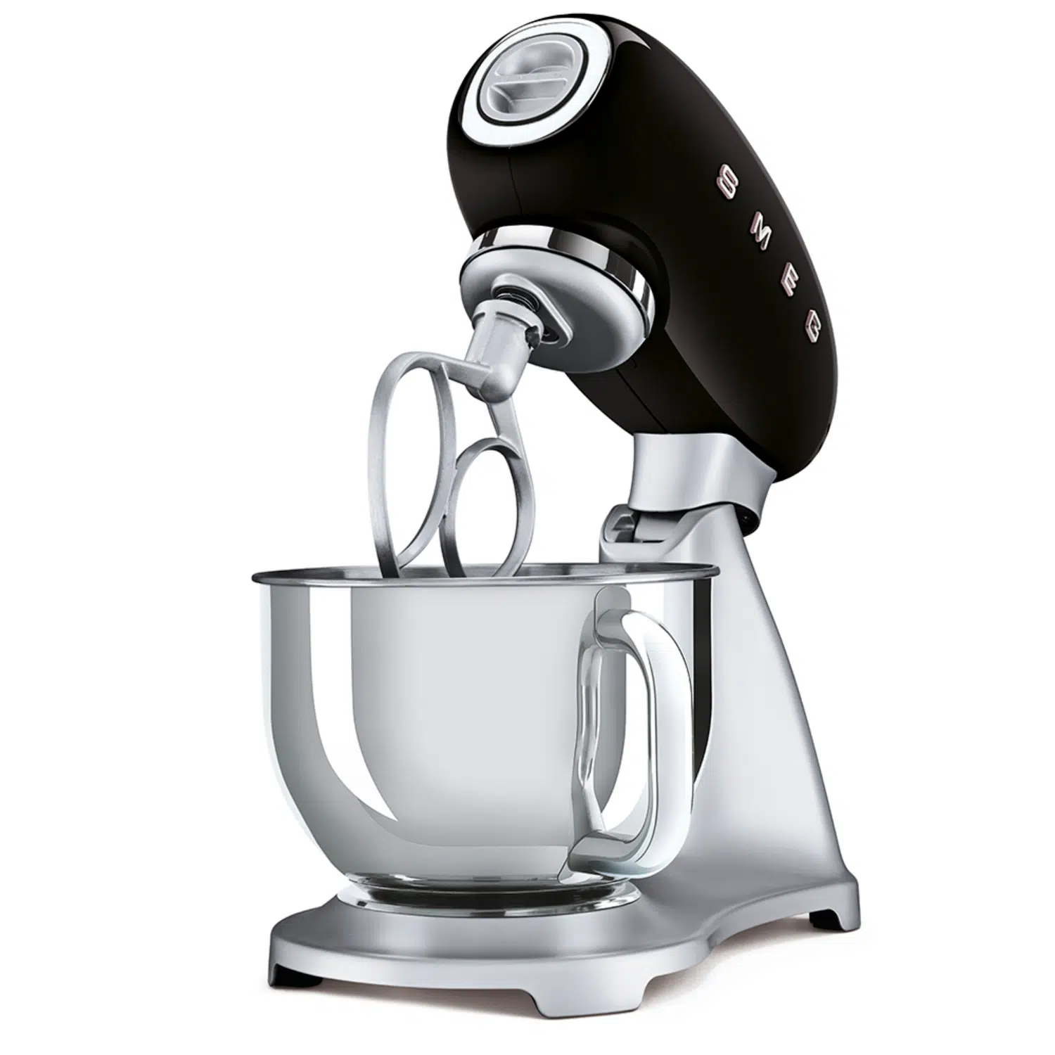 Black Smeg stand mixer SMF02BLEU – front view with ergonomic handle and sleek finish