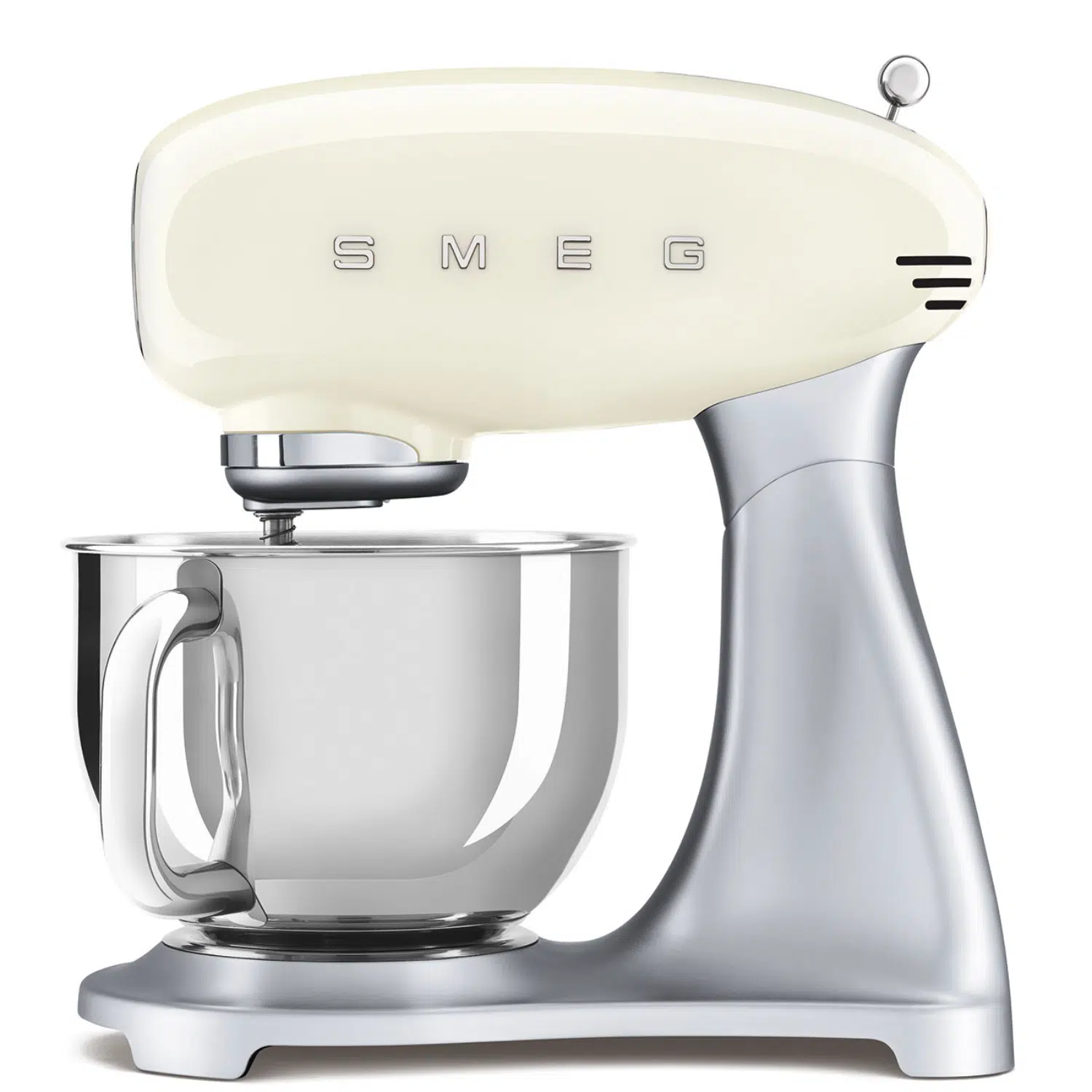 Smeg stand mixer SMF02CREU front view with 4.8L stainless steel bowl