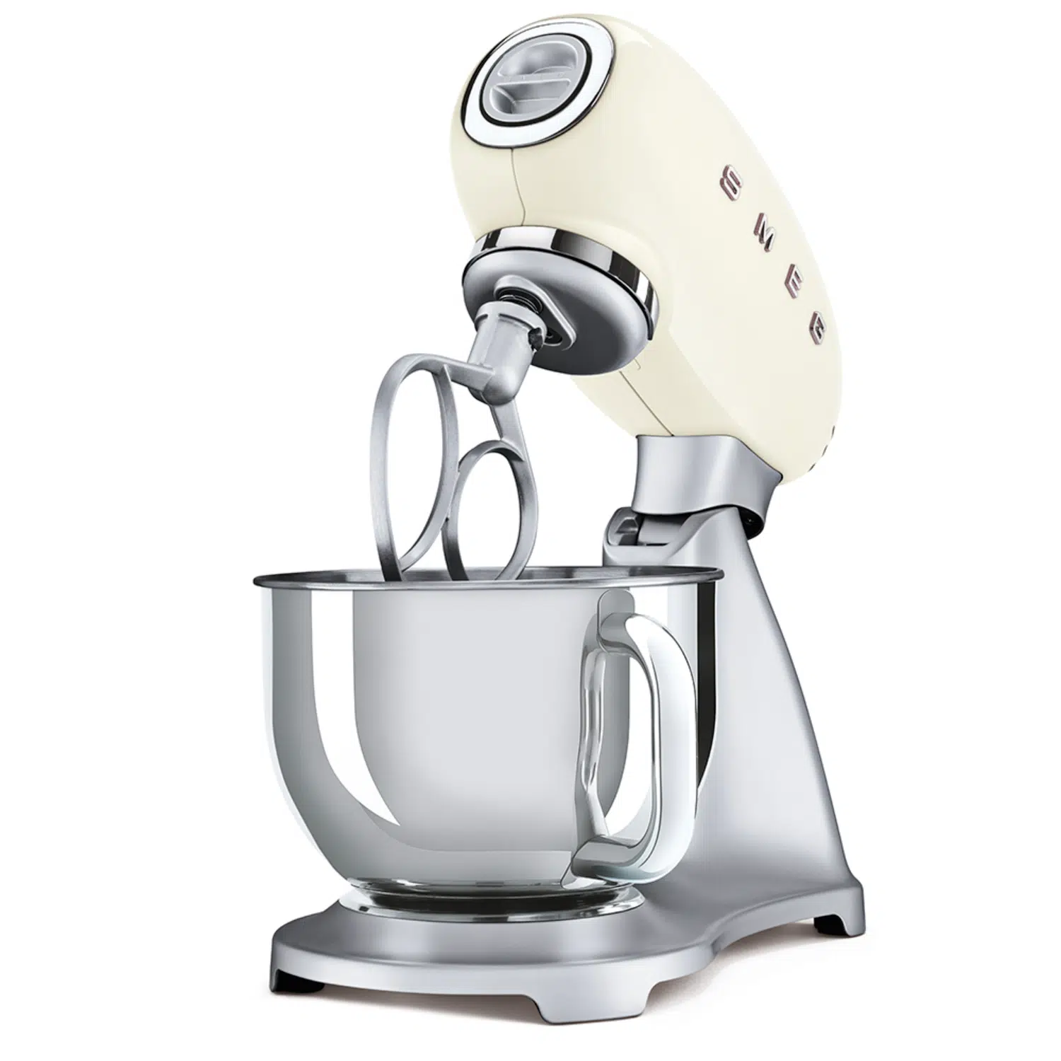 Smeg SMF02CREU mixer front view in cream color with accessories
