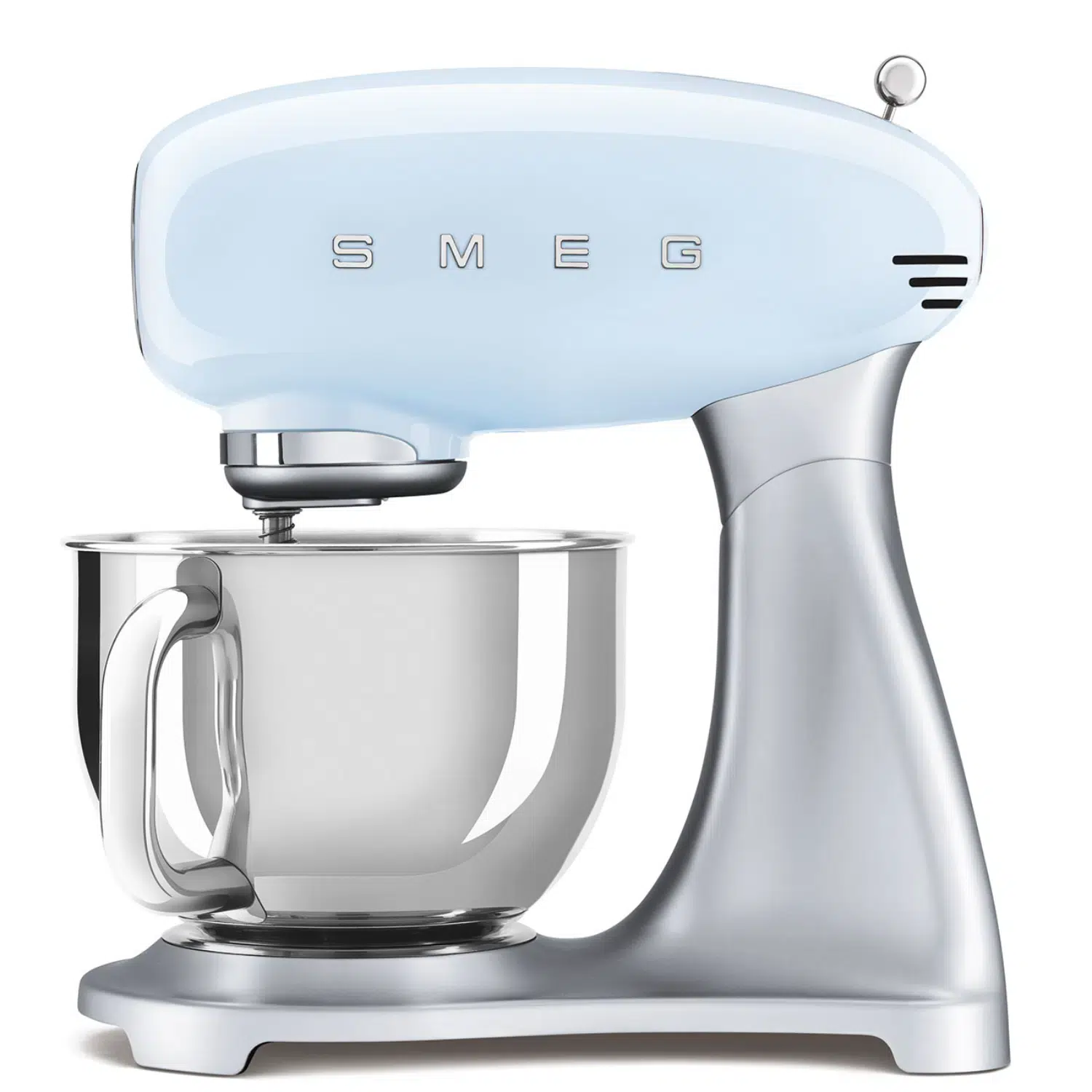 Smeg stand mixer SMF02PBEU front view with stainless steel bowl
