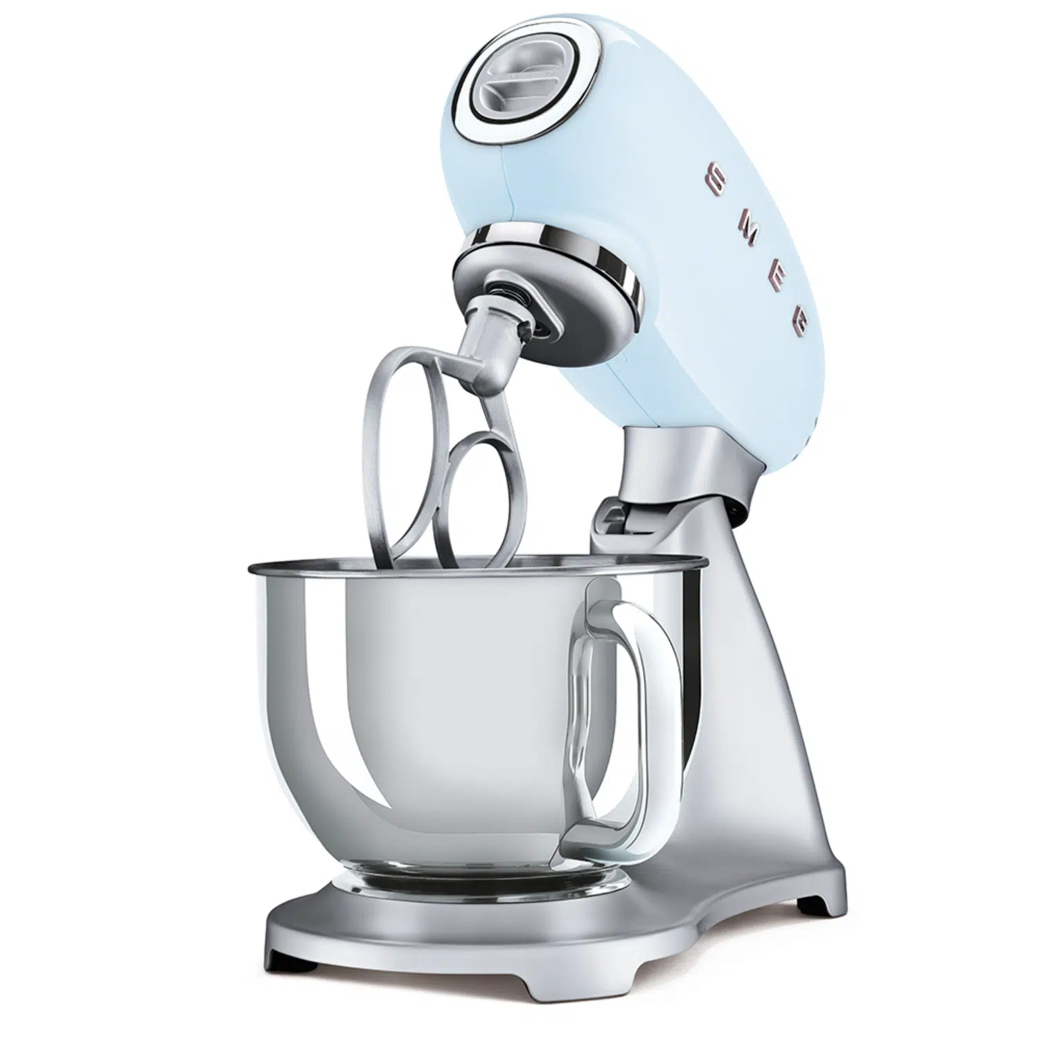 Smeg stand mixer SMF02PBEU front view showing speed dial and bowl