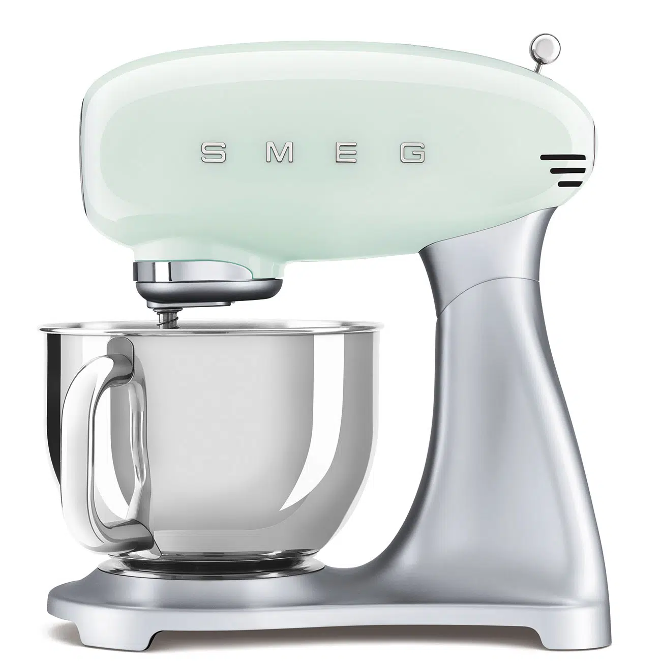 Smeg stand mixer SMF02PGEU front view with stainless steel bowl and pastel green finish