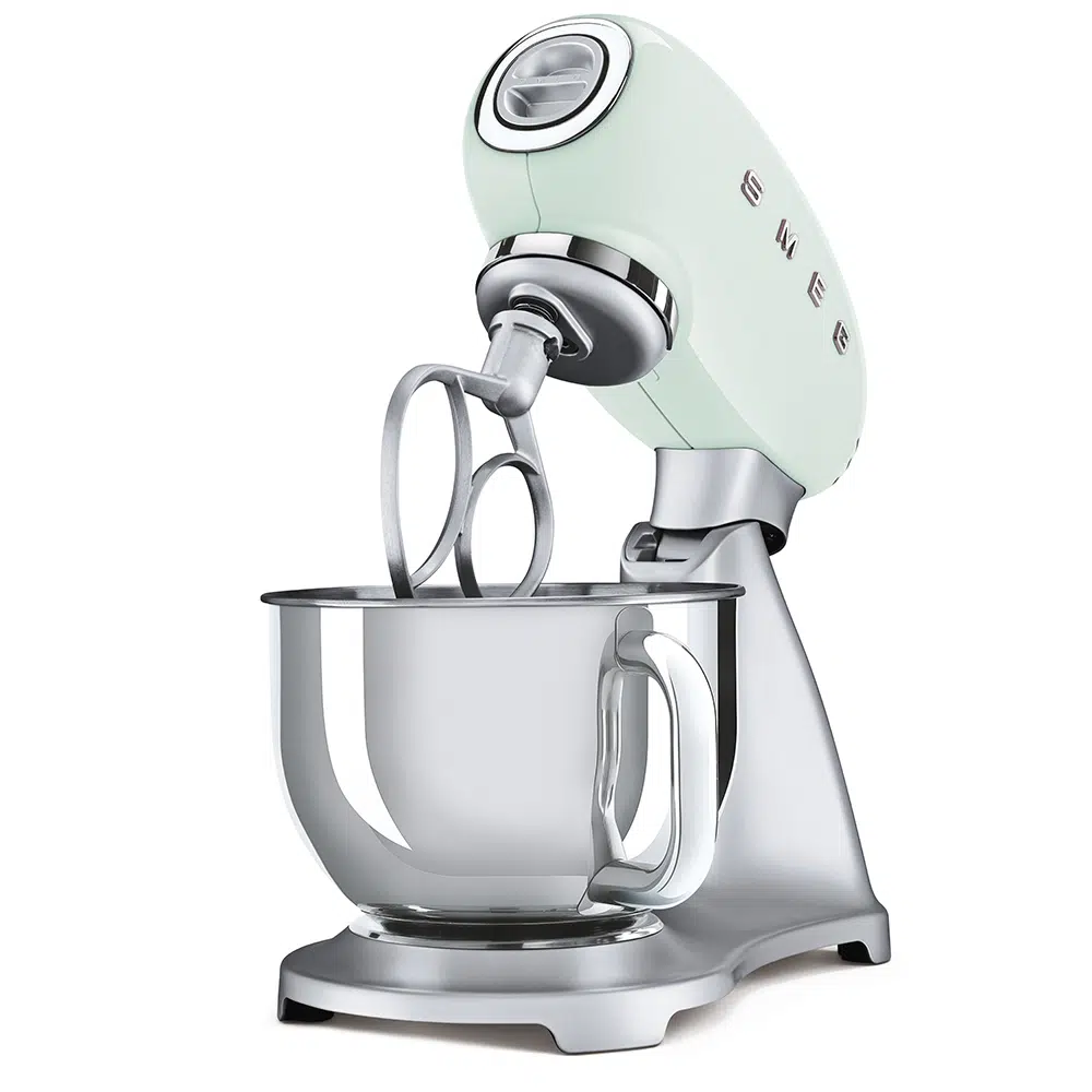 Smeg stand mixer SMF02PGEU front view with control dial and mixing attachments