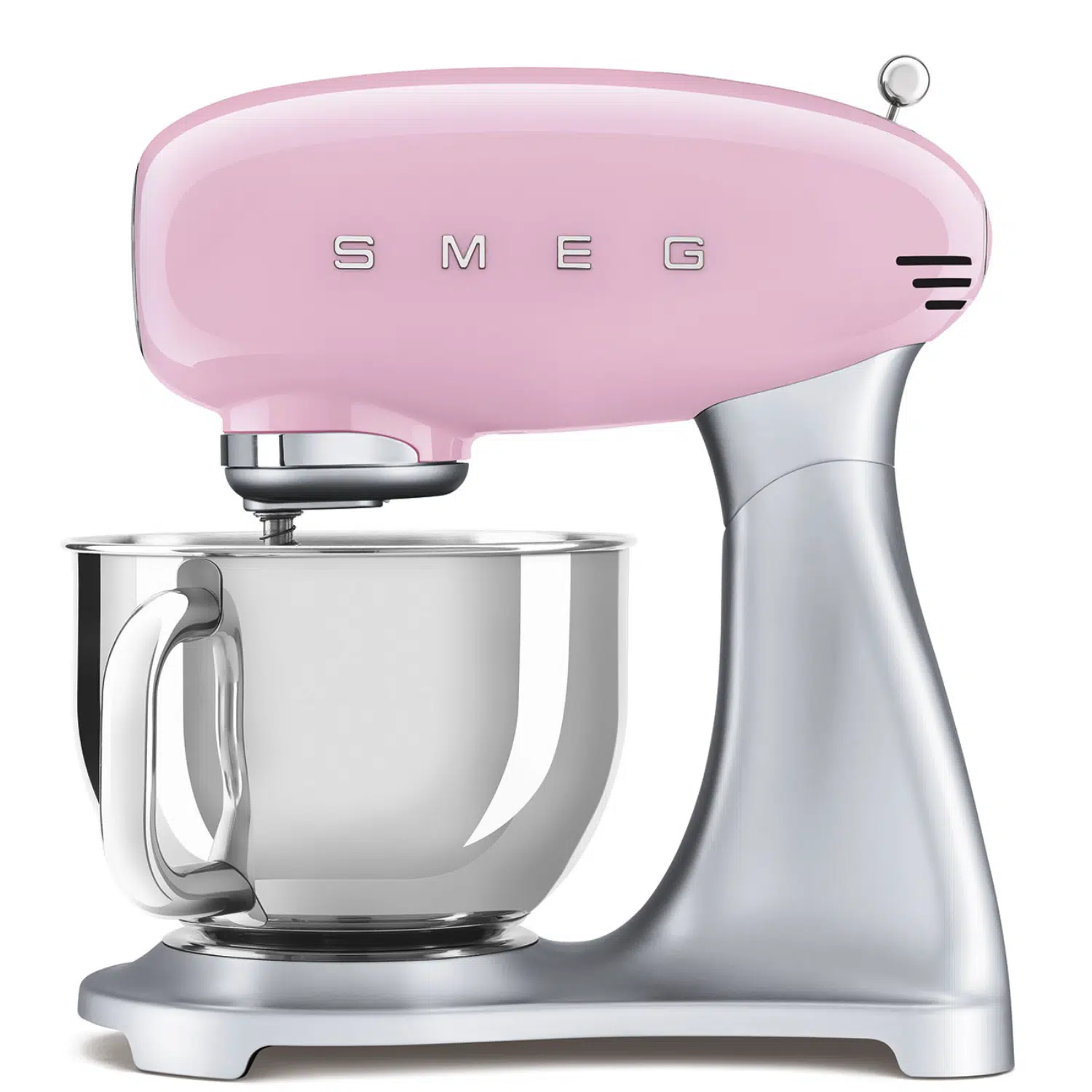 Smeg stand mixer SMF02PKEU front view in retro pink finish