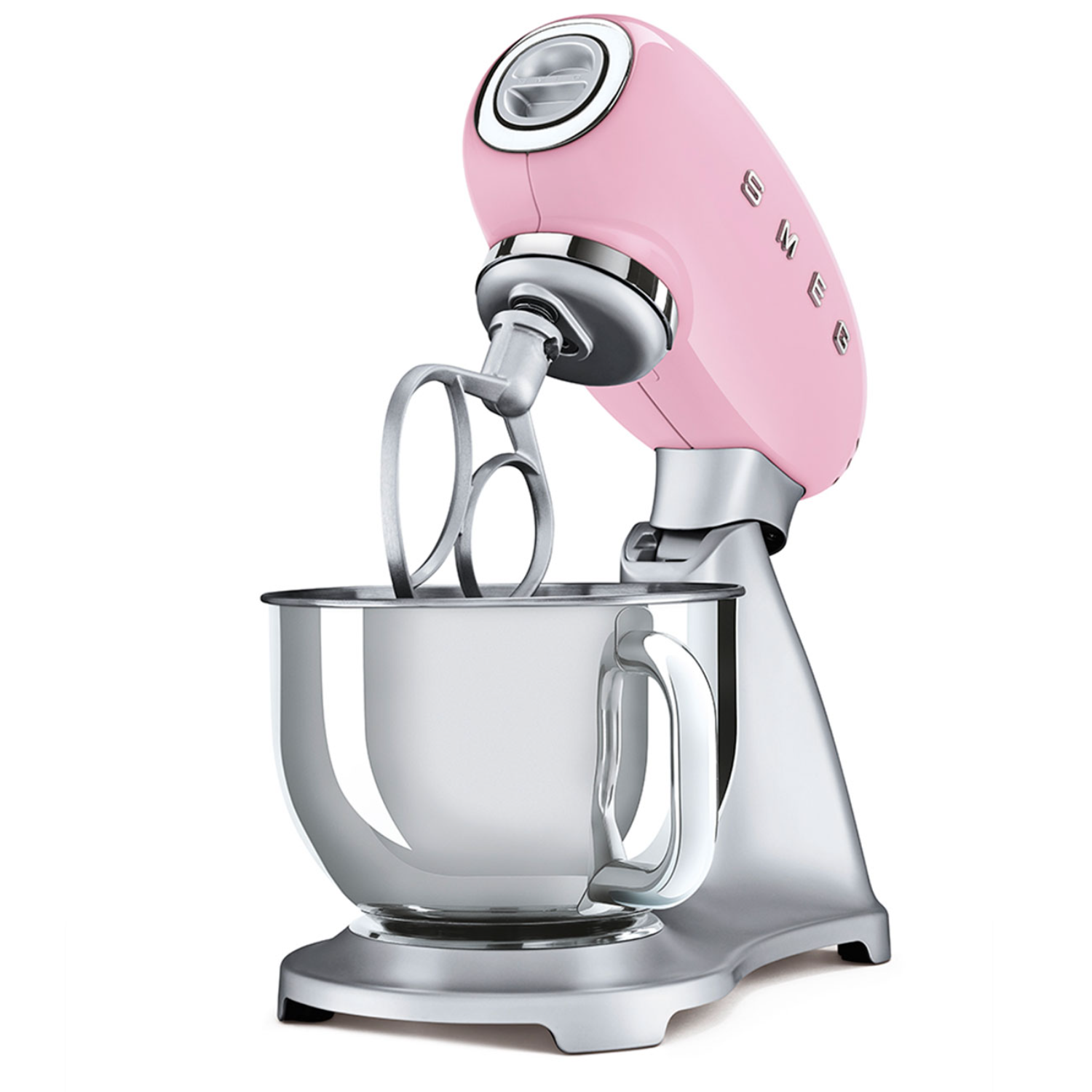 Smeg stand mixer SMF02PKEU front view operating with mixing tool attached