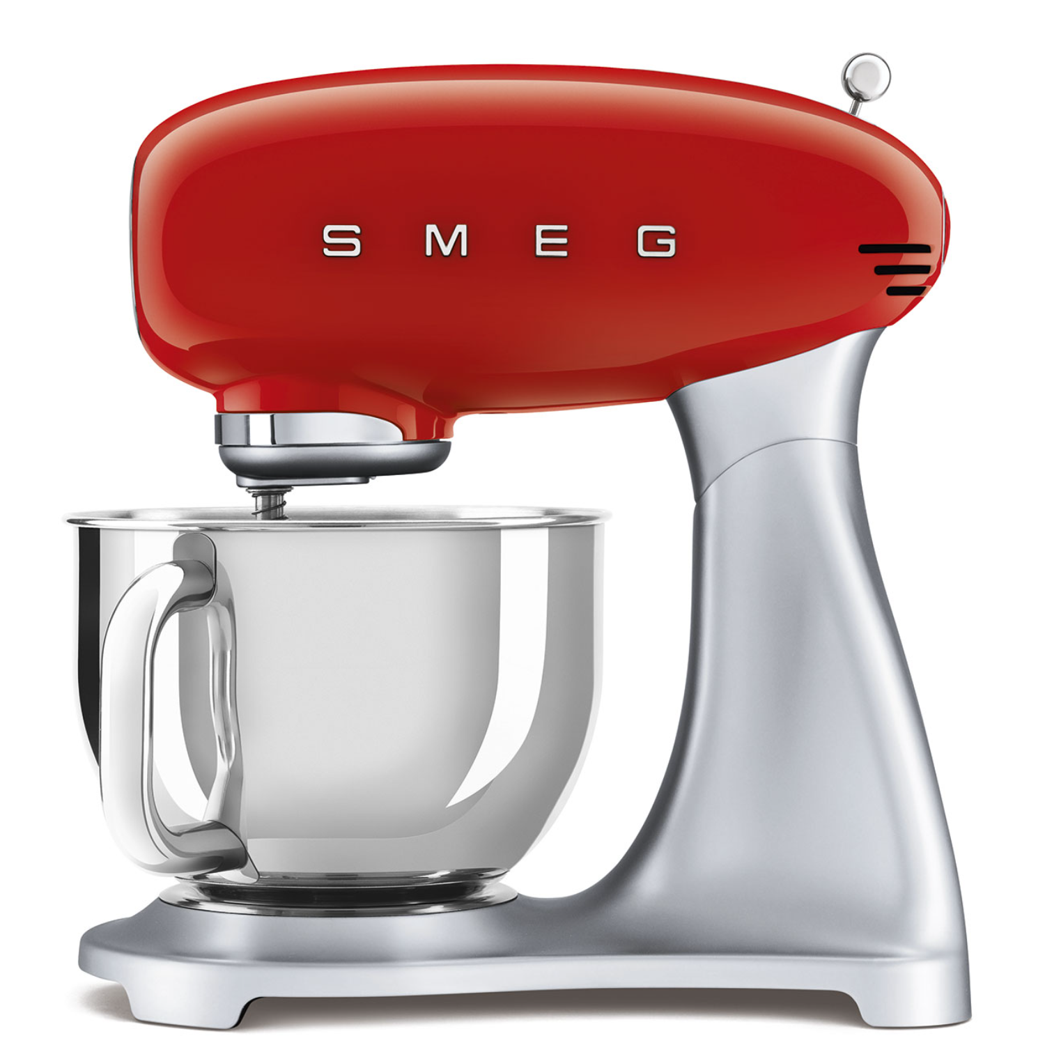 Smeg stand mixer SMF02RDEU front view in red with stainless steel bowl