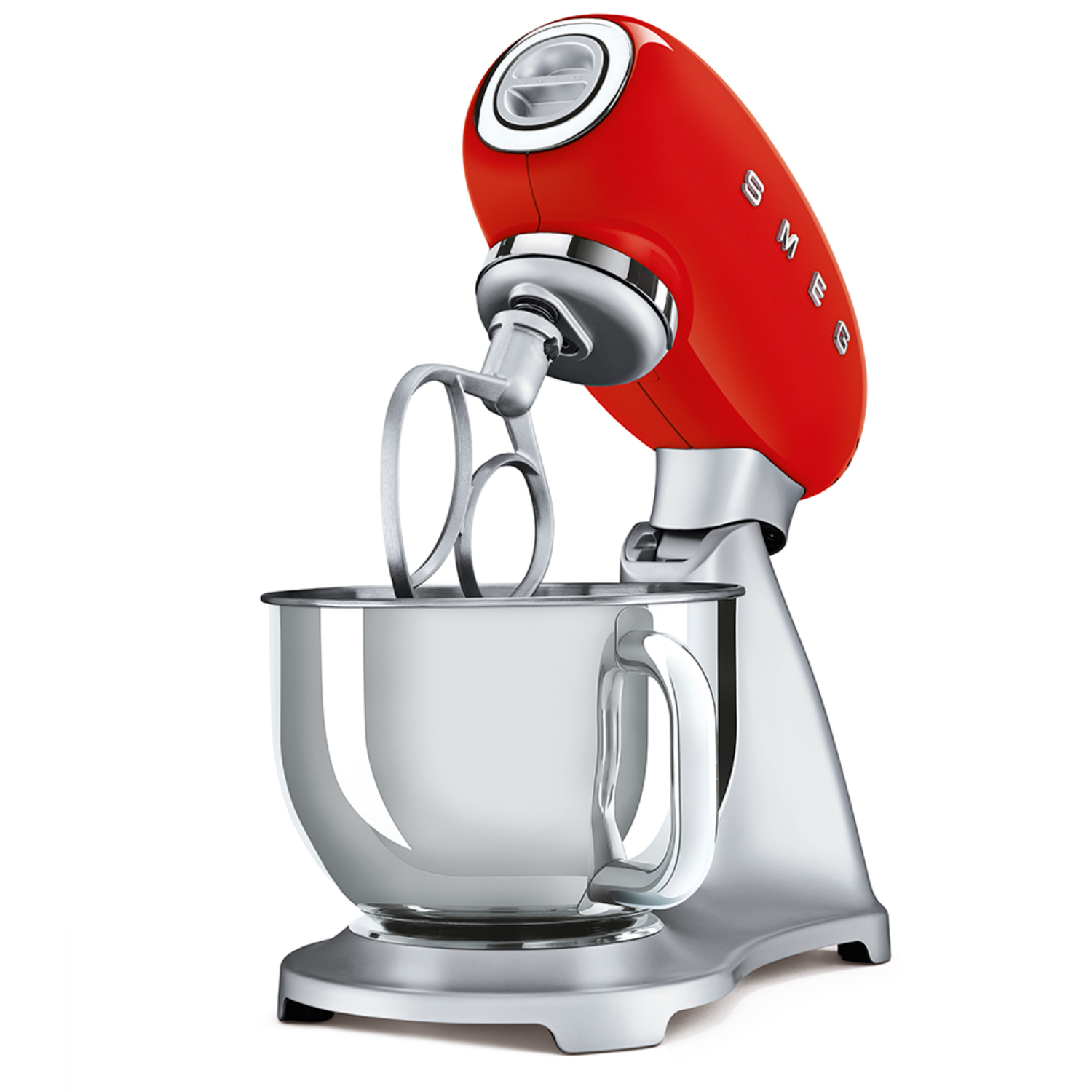 Smeg stand mixer SMF02RDEU front view in kitchen setting with dough mixing