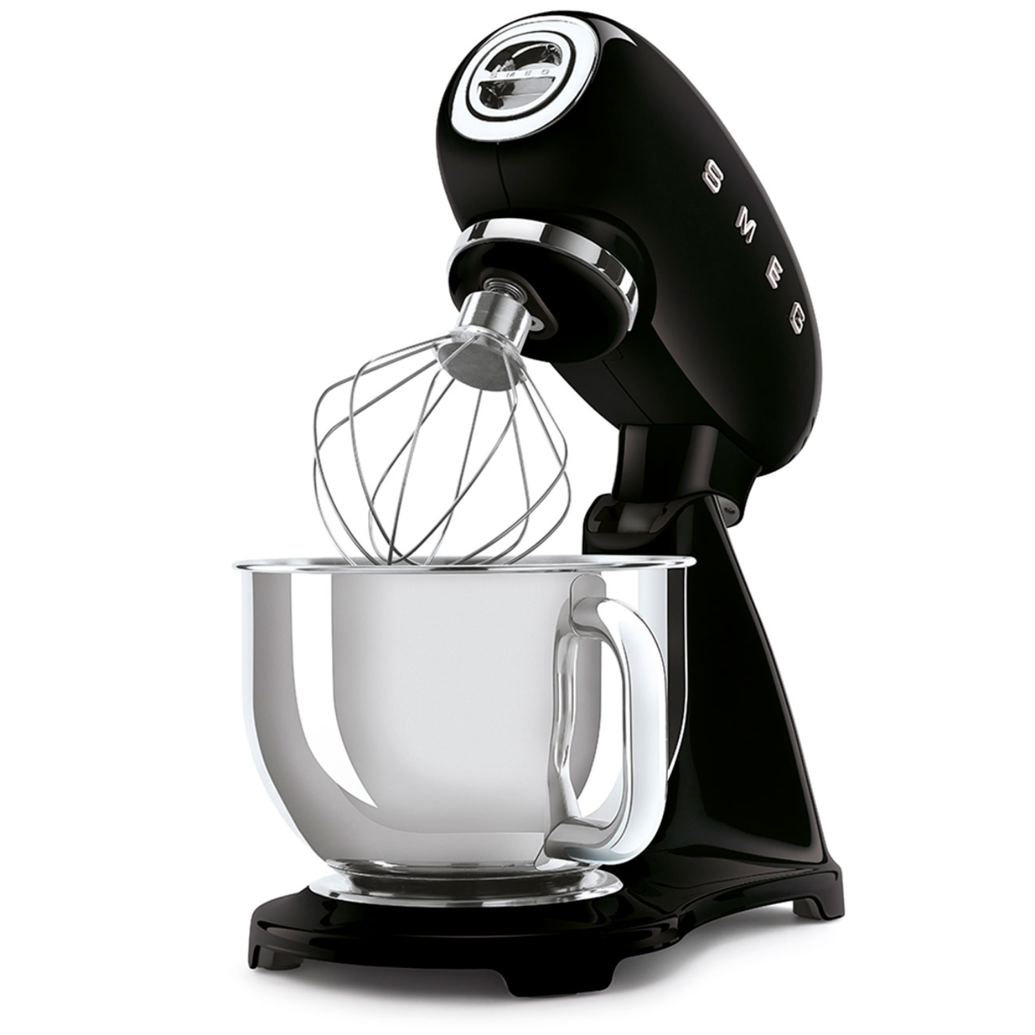 Smeg SMF03BLEU stand mixer front view with stainless steel mixing bowl