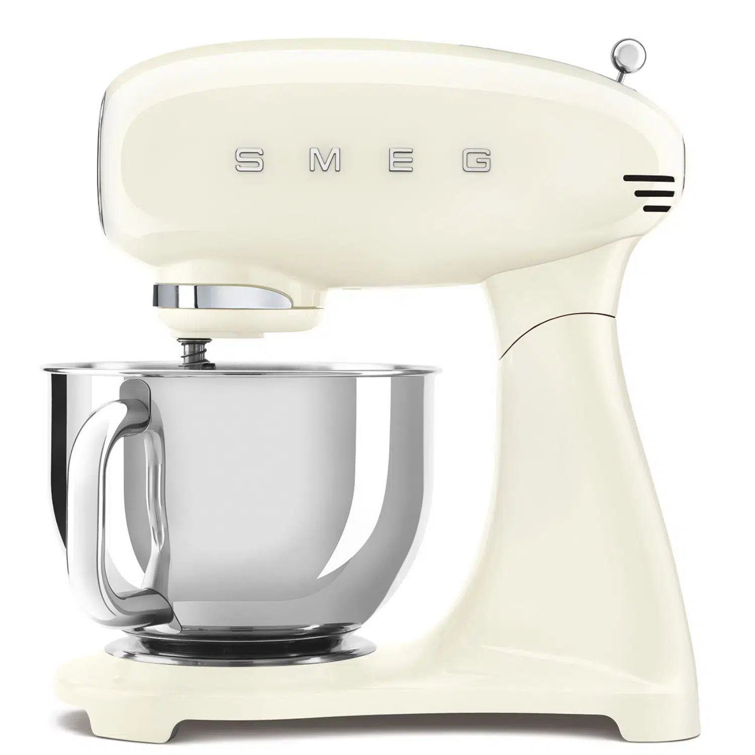 Smeg stand mixer SMF03CREU front view with 800W power and stainless steel bowl