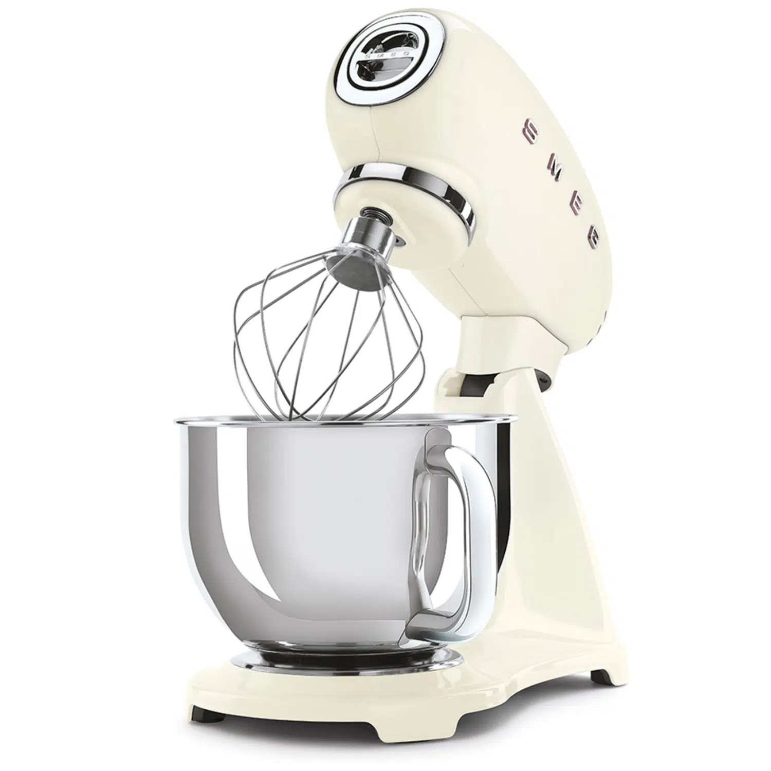 Smeg stand mixer SMF03CREU front view with bowl and beater attached